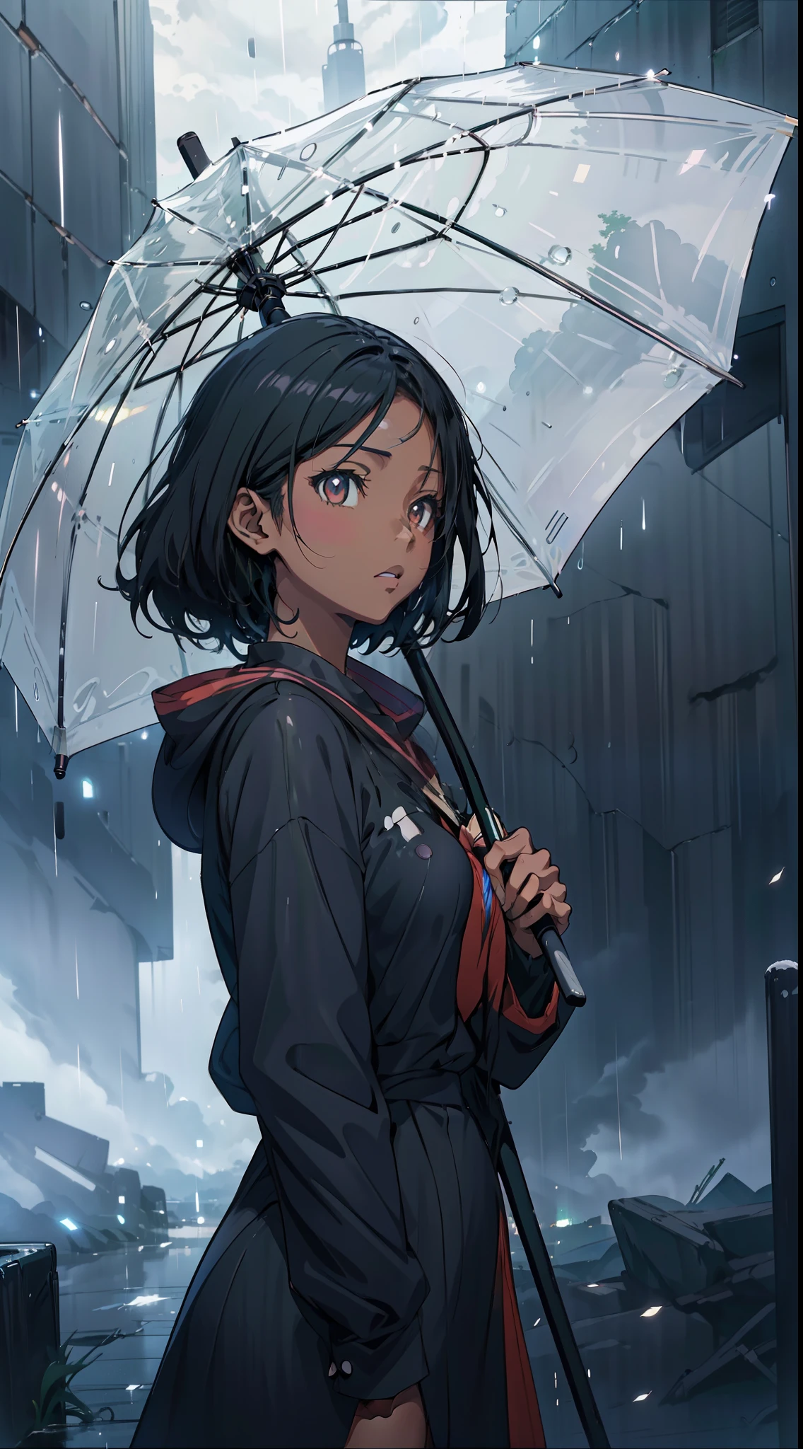 anime black girl standing in the rain, brown long curly hair, holding an umbrella, green rain, stormy weather. makoto shinkai, 4 k manga wallpaper, in the rain, anime wallaper, atmospheric anime, 4k anime wallpaper, rain!!!!, hd anime wallaper, shigenori soejima illustration, ultra hd anime wallpaper