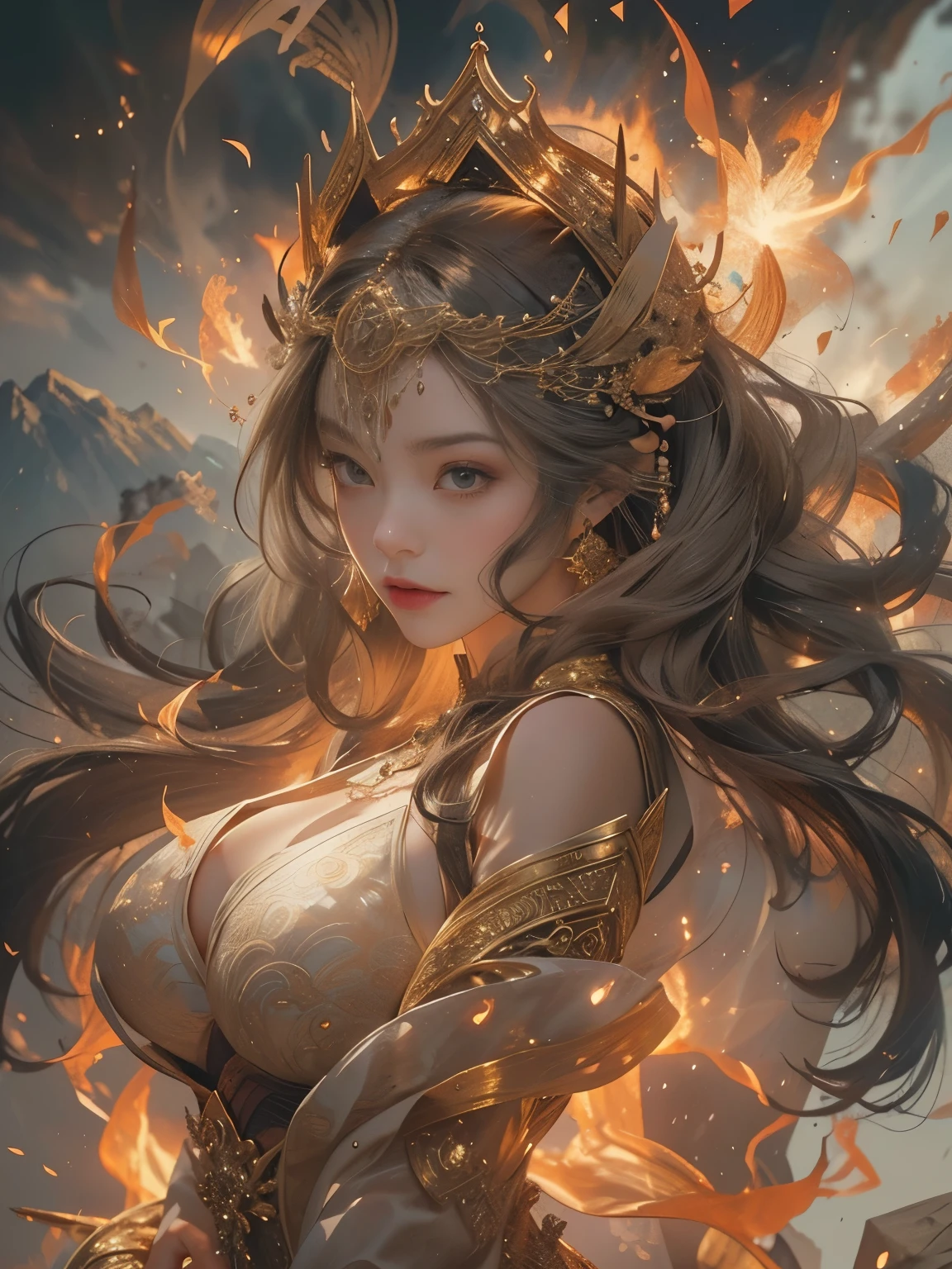 depicts a goddess of war，she is a great giant，she is a lovely princess，Also a powerful warrior，flame，lightning in sky，The top of the mountain is at your feet，mountains in the distance，(fire element:1.4)，现实的flame，Highly realistic，correct anatomy，full-body shot，convex，cute big breasts，violent house，，Plum，longing unsatisfied，only genitalia， camel toe，sexy gesture，，Sex huge breasts cleavage， onlyfoot，sexy gesture，（wear：Gorgeous and sexy evening dress，由fire element組成，only ，）1 female，30 years old，married woman，MILF， solo，Beautiful and delicate eyes，（tangled，mandala，tangled，entangled），divine light，gold foil，gold foil艺术，dark background，marvelous and unbelievable，史诗ish作品，(intricate details，Ultra-detailed:1.2)，Super real photos, scary, epic reality, faded, ((neutral color)),(pastel colors:1.2), Detailed face, delicate eyes，surreal, + movie shot + dynamic composition, Very detailed, sharpen, ish, warm light, Light effect, dramatic light, (intricate details:1.1), complex background, (Greg Rutkowsky:0.8), laughter，