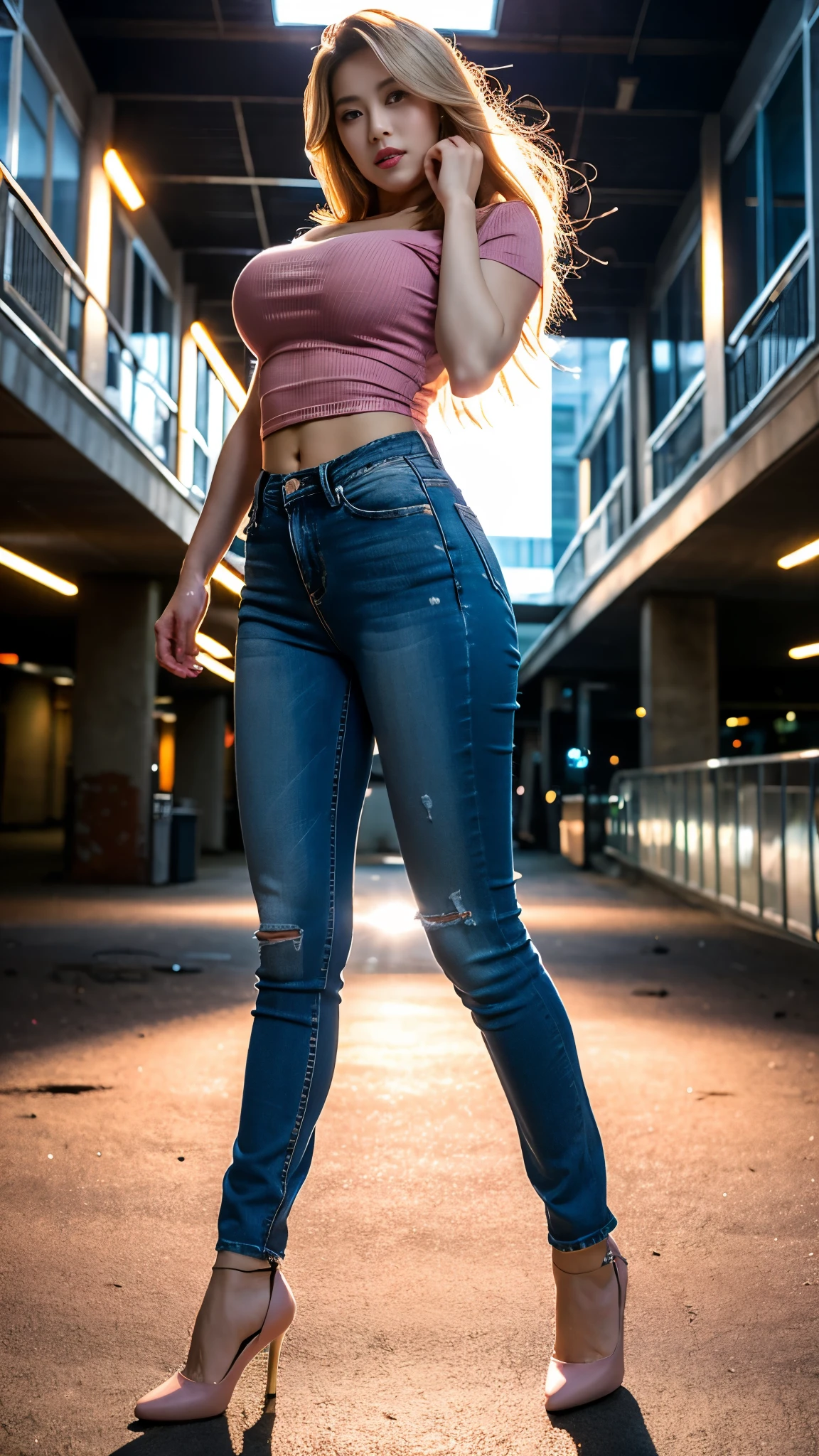 A korean sexy model, age 25 years old, 180 cm, flowy blonde hair, brown eyes, pink lips, perfect body shape, saggy giant tits, colossal tits, perfect waist, topless, naked top, top nude, without shirt, just wearing long skinny jeans, white high heels, long legs, open the legs, sexy pose, attractive pose, full body, front view, night, at large abandoned ruined mall, flooded floor, glass ceiling, upstairs viewpoint with parapet, dynamic light, 8K, masterpiece, ultra detailed, flashlight, studio lighting, blue and red color lighting backlight, fogging, little bit smokey, movie scene, dramatic photo