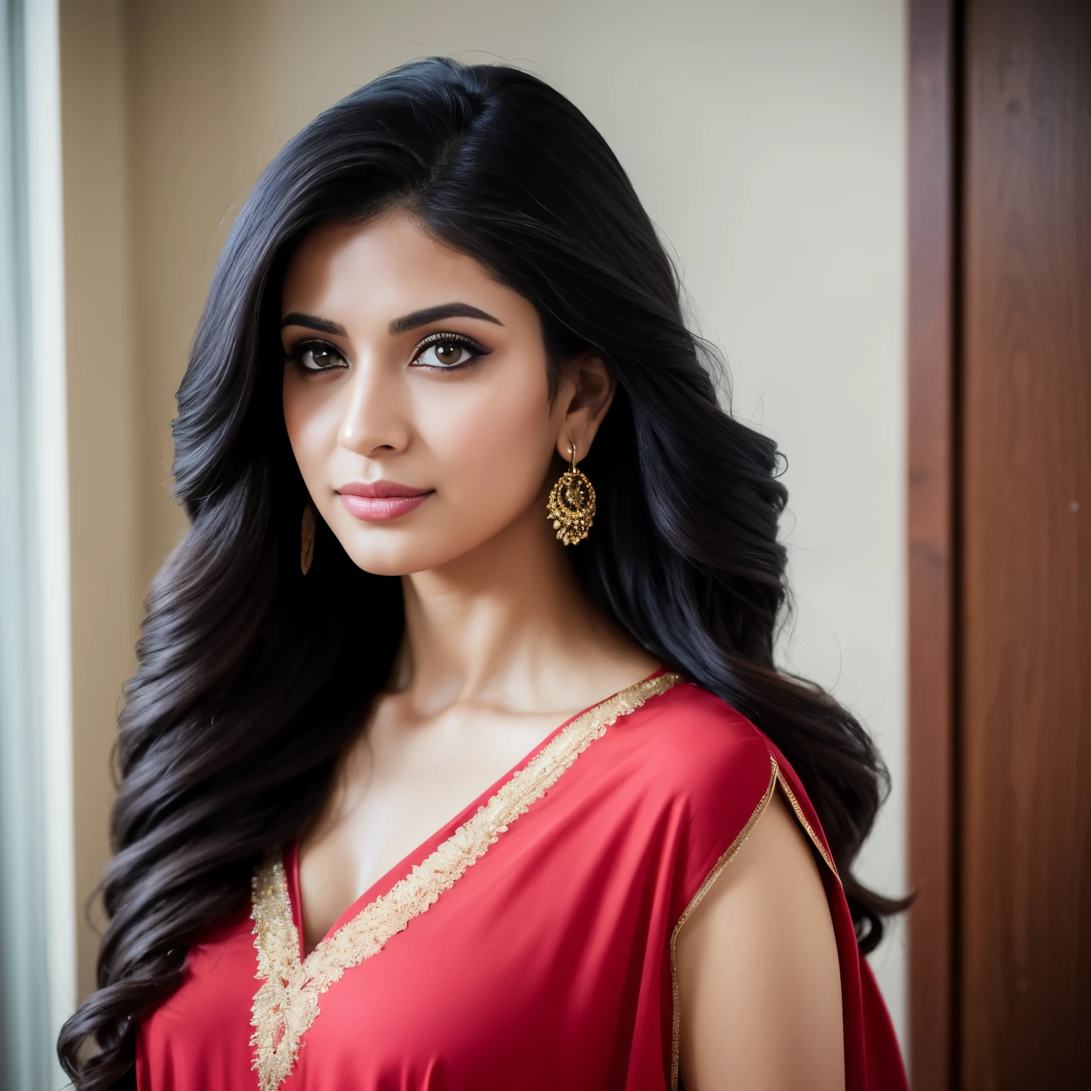 Portrait of A confident-looking indian woman with long flowing black hair, hazel eyes, with flowing capes only, perfect composition, hyperrealistic, super detailed, 8k, high quality, trending art, trending on artstation, sharp focus, bedroom photo, intricate details, highly detailed, art by greg rutkowski,pink crop top,pink top dense colour,sexy, In bedRoom, Indoor