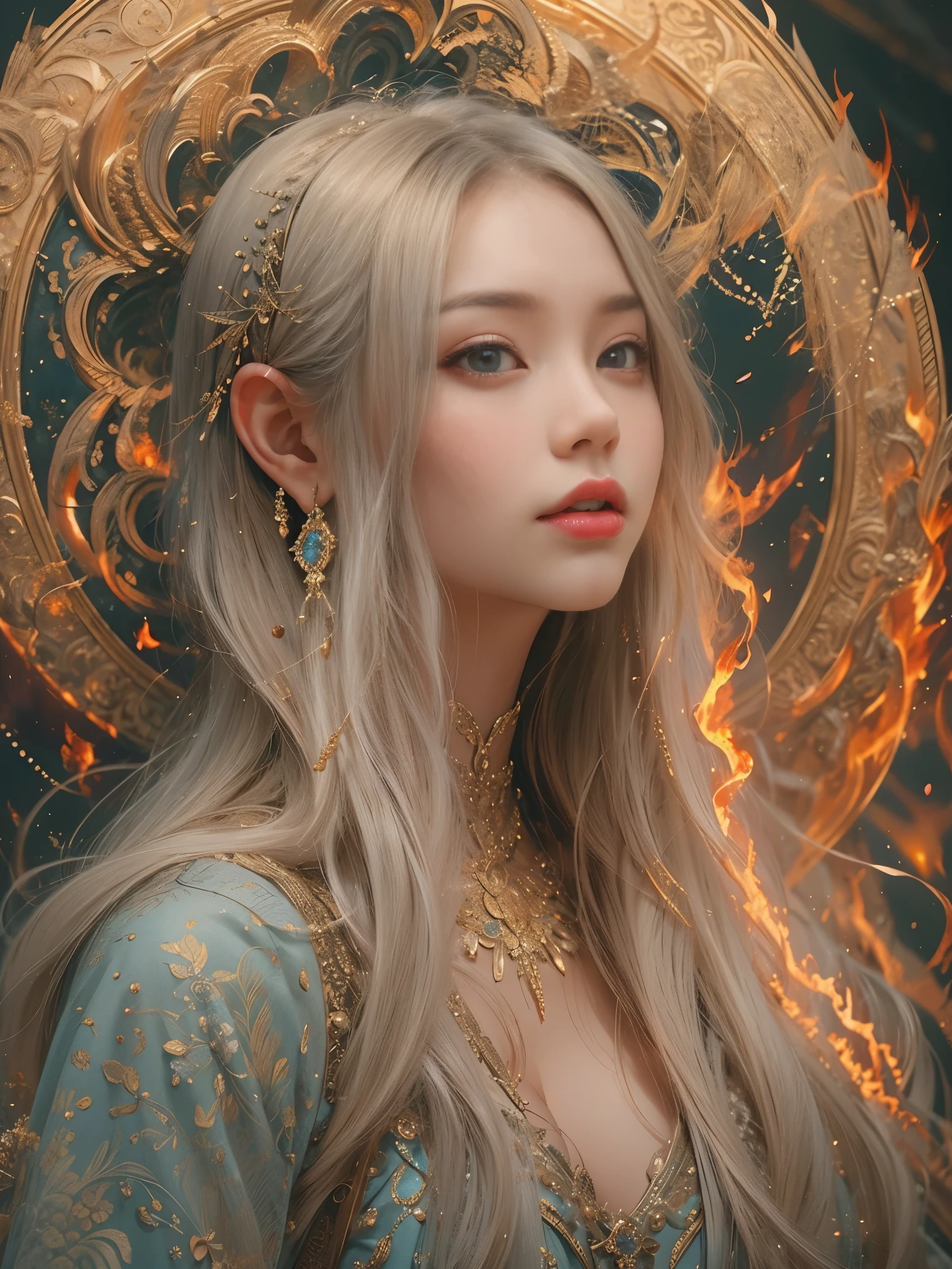 depicts a goddess of war,she is a great giant,she is a lovely princess,Also a powerful warrior,flame,lightning in sky,The top of the mountain is at your feet,mountains in the distance,(fire element:1.4),现实的flame,Highly realistic,correct anatomy,full-body shot,convex,cute big breasts,violent house,,Plum,longing unsatisfied,only genitalia, camel toe,sexy gesture,,Sex huge breasts cleavage, onlyfoot,sexy gesture,(wear:Gorgeous and sexy evening dress,由fire element組成,only ,)1 female,30 years old,married woman,MILF, solo,Beautiful and delicate eyes,(tangled,mandala,tangled,entangled),divine light,gold foil,gold foil艺术,dark background,marvelous and unbelievable,史诗ish作品,(intricate details,Ultra-detailed:1.2),Super real photos, scary, epic reality, faded, ((neutral color)),(pastel colors:1.2), Detailed face, delicate eyes,surreal, + movie shot + dynamic composition, Very detailed, sharpen, ish, warm light, Light effect, dramatic light, (intricate details:1.1), complex background, (Greg Rutkowsky:0.8), laughter,