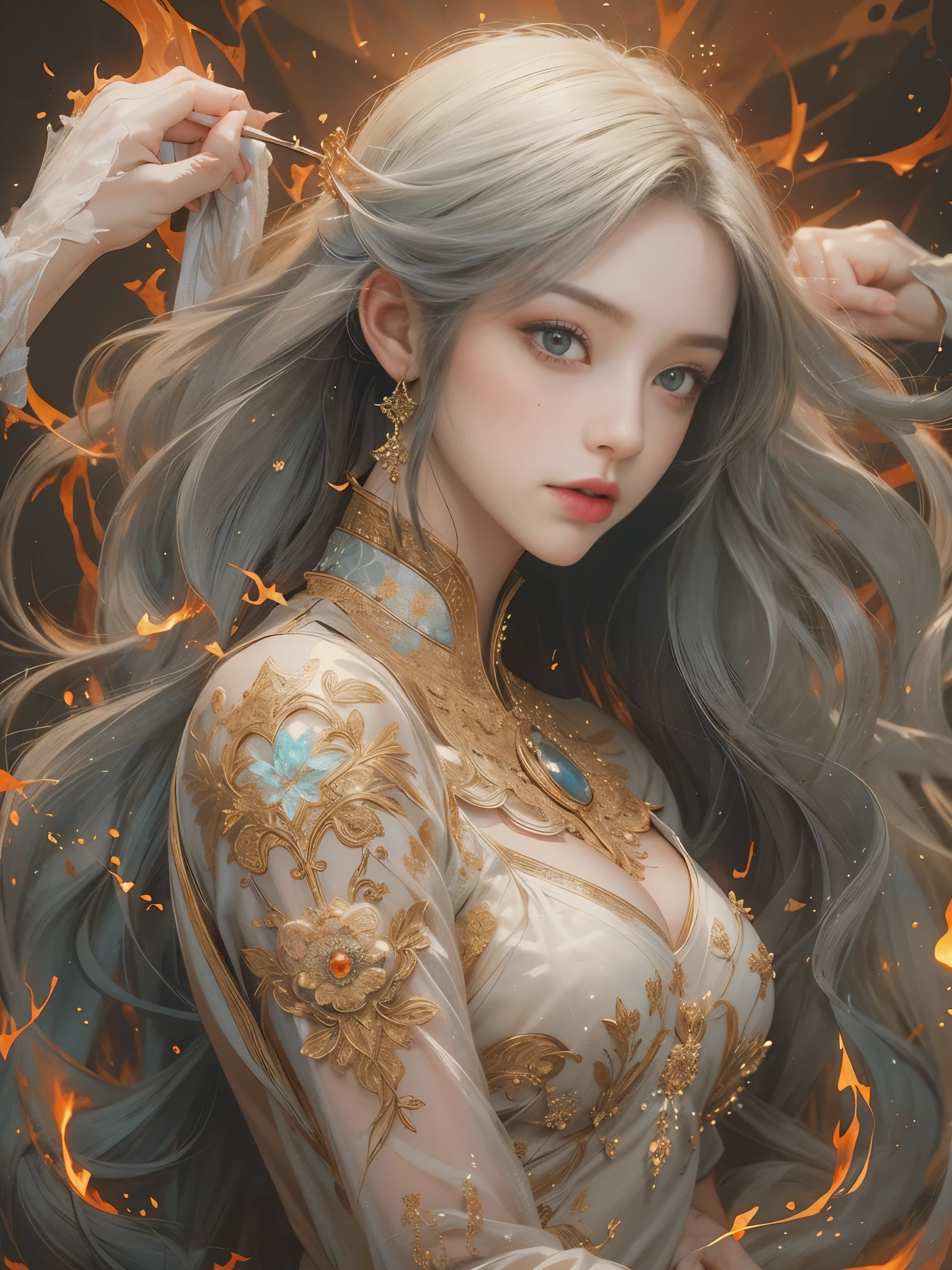 depicts a goddess of war,she is a great giant,she is a lovely princess,Also a powerful warrior,flame,lightning in sky,The top of the mountain is at your feet,mountains in the distance,(fire element:1.4),现实的flame,Highly realistic,correct anatomy,full-body shot,convex,cute big breasts,violent house,,Plum,longing unsatisfied,only genitalia, camel toe,sexy gesture,,Sex huge breasts cleavage, onlyfoot,sexy gesture,(wear:Gorgeous and sexy evening dress,由fire element組成,only ,)1 female,30 years old,married woman,MILF, solo,Beautiful and delicate eyes,(tangled,mandala,tangled,entangled),divine light,gold foil,gold foil艺术,dark background,marvelous and unbelievable,史诗ish作品,(intricate details,Ultra-detailed:1.2),Super real photos, scary, epic reality, faded, ((neutral color)),(pastel colors:1.2), Detailed face, delicate eyes,surreal, + movie shot + dynamic composition, Very detailed, sharpen, ish, warm light, Light effect, dramatic light, (intricate details:1.1), complex background, (Greg Rutkowsky:0.8), laughter,
