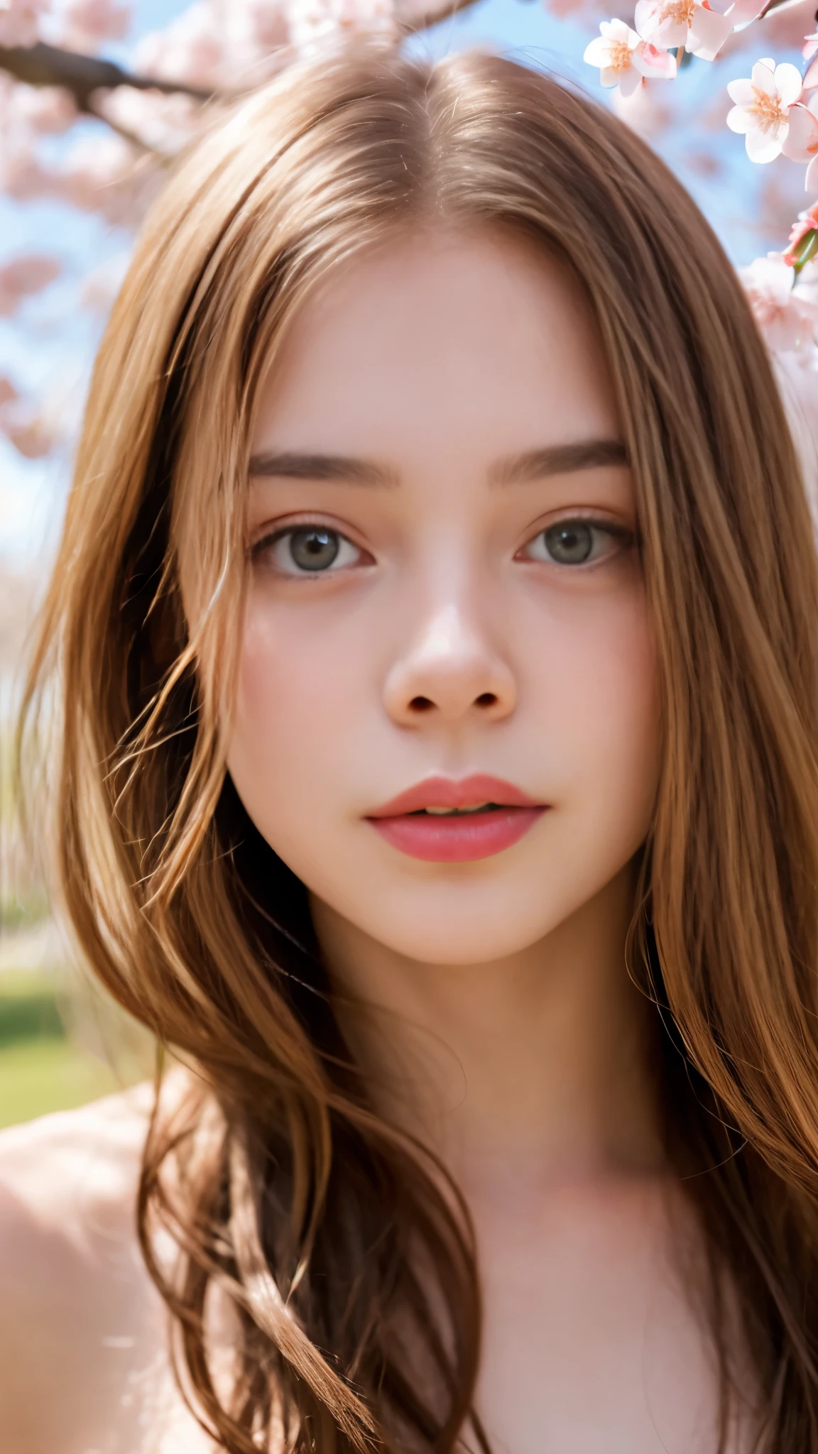13 year old Elle Fanning, (long hair: 1.3), blonde, nude, face close up, park, cherry blossom trees, ray tracing, best quality
