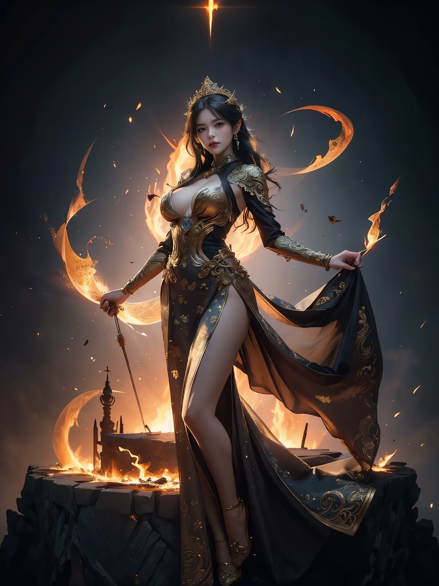 depicts a goddess of war，she is a great giant，she is a lovely princess，Also a powerful warrior，flame，lightning in sky，The top of the mountain is at your feet，mountains in the distance，(fire element:1.4)，现实的flame，Highly realistic，correct anatomy，full-body shot，convex，cute big breasts，violent house，，Plum，longing unsatisfied，only genitalia， camel toe，sexy gesture，，Sex huge breasts cleavage， onlyfoot，sexy gesture，（wear：Gorgeous and sexy evening dress，由fire element組成，only ，）1 female，30 years old，married woman，MILF， solo，Beautiful and delicate eyes，（tangled，mandala，tangled，entangled），divine light，gold foil，gold foil艺术，dark background，marvelous and unbelievable，史诗ish作品，(intricate details，Ultra-detailed:1.2)，Super real photos, scary, epic reality, faded, ((neutral color)),(pastel colors:1.2), Detailed face, delicate eyes，surreal, + movie shot + dynamic composition, Very detailed, sharpen, ish, warm light, Light effect, dramatic light, (intricate details:1.1), complex background, (Greg Rutkowsky:0.8), laughter，