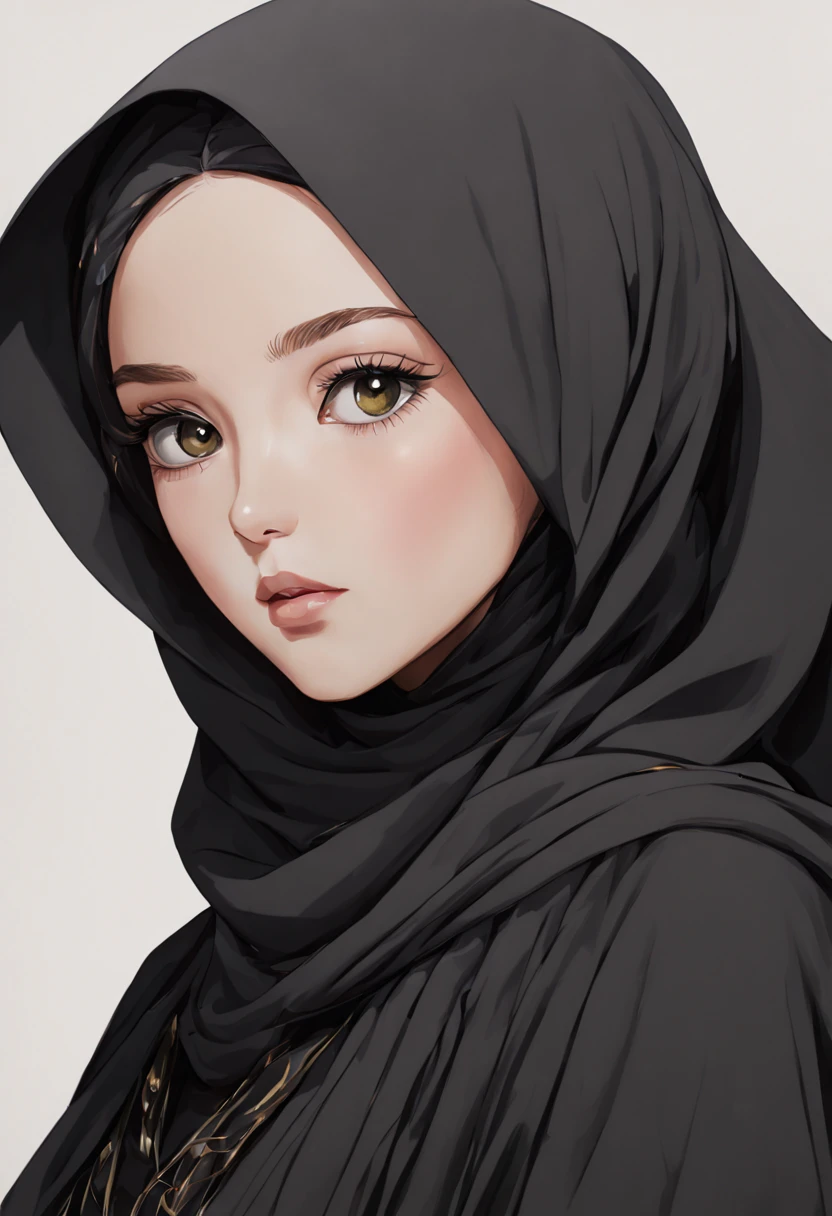 Create an ultra-detailed anime-inspired illustration showcasing the extreme close-up of a 24-year-old woman's face, her natural features meticulously rendered with lifelike precision. The strands of her unadorned lashes are individually delineated, casting delicate shadows over her cheeks, while her black Abaya and Khimar Hijab are depicted with a richness of texture that invites tactile exploration.