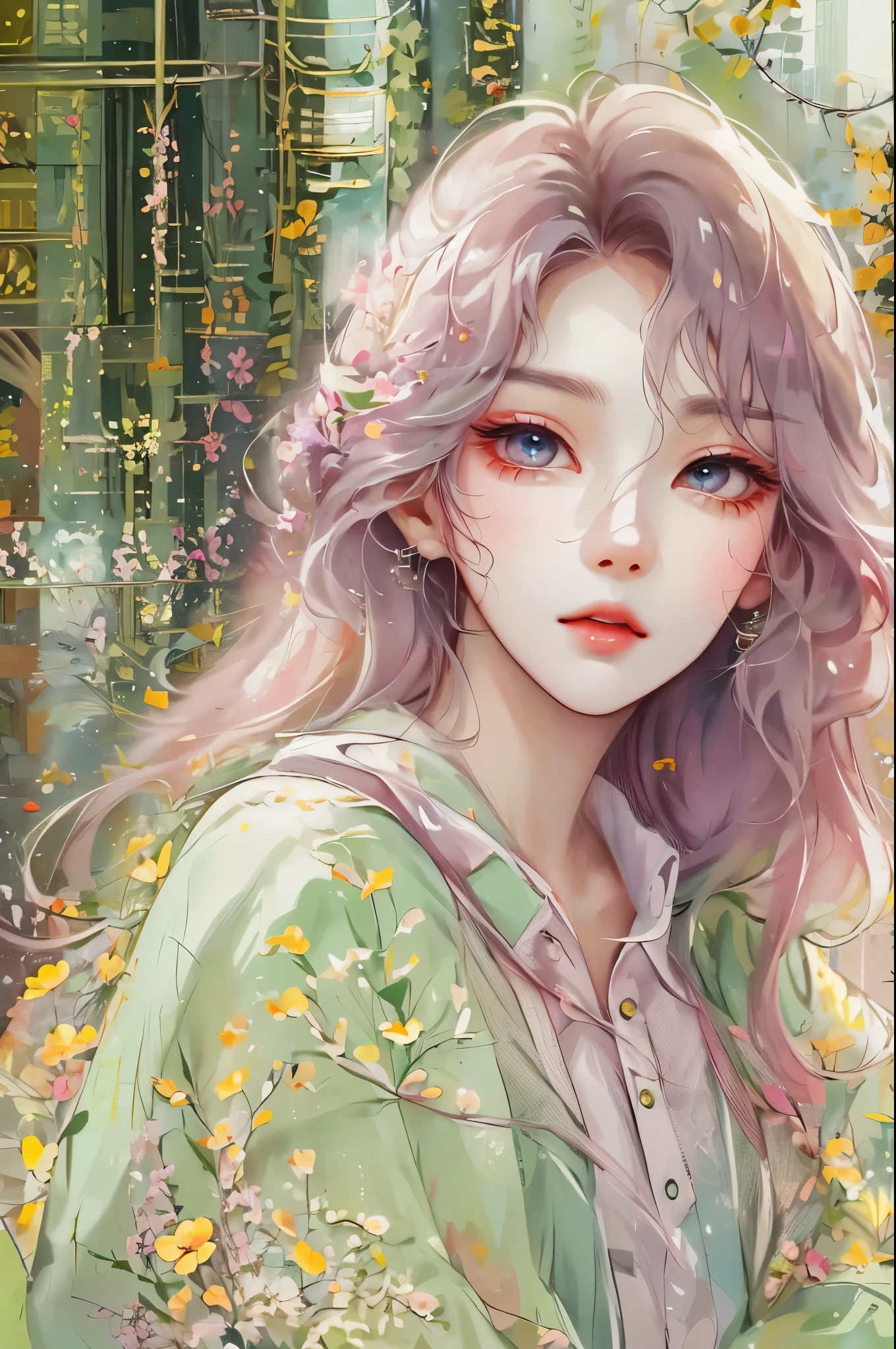Ridiculous, masterpiece, best quality, light color, pastel colors, Korean girl beautiful face , beautiful hair , a character in korean drama, Anime eyes, semi-casual wear, masterpiece背景, Detailed background