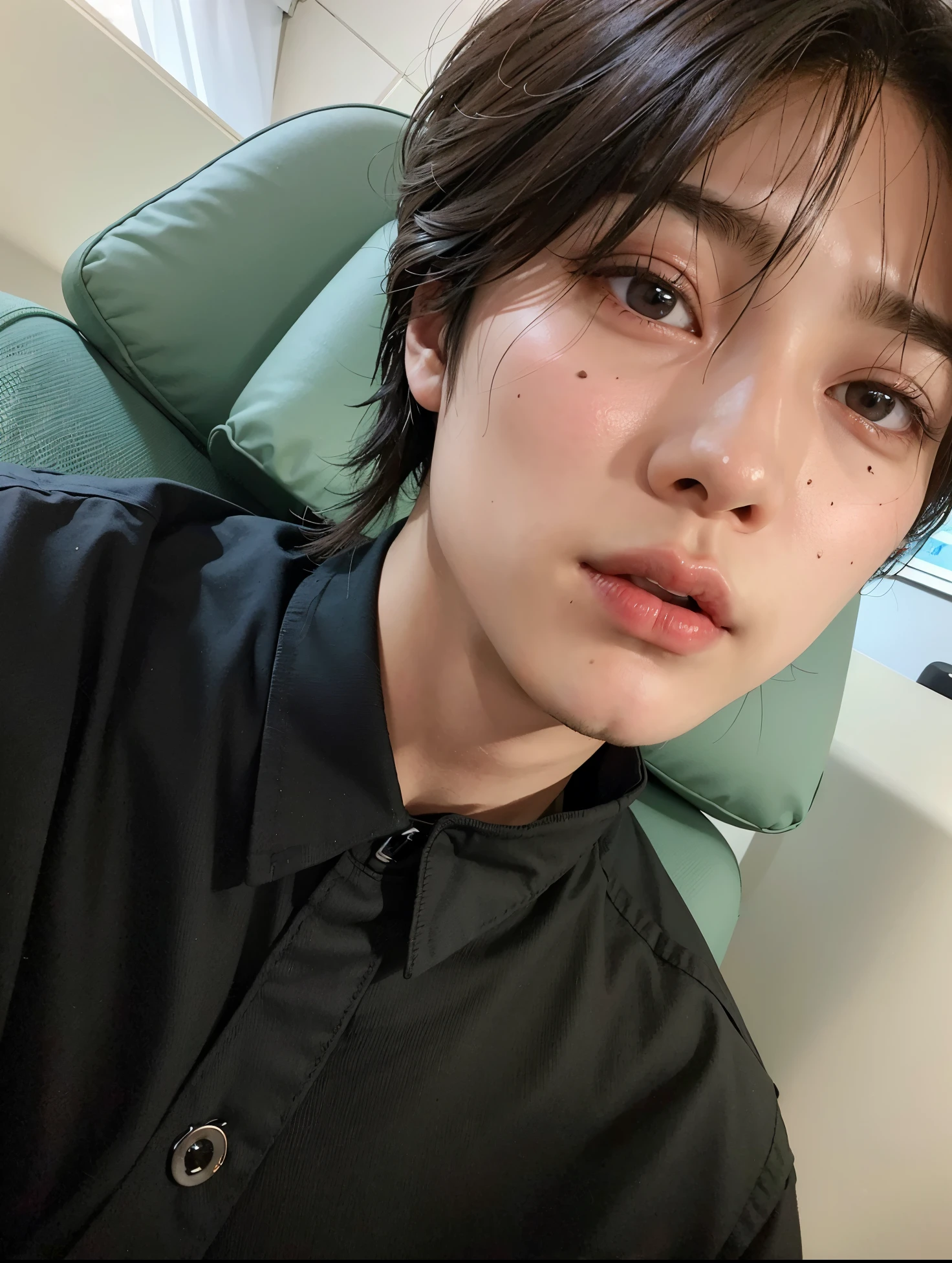 there is a man sitting in a chair with a black shirt, jung jaehyun, hyung tae, kim doyoung, wan adorable korean face, male ulzzang, taejune kim, jinyoung shin, jimin\'s right eyelid swollen, cai xukun, jungkook, seseon yoon, jaeyeon nam, hong june hyung, wonbin lee