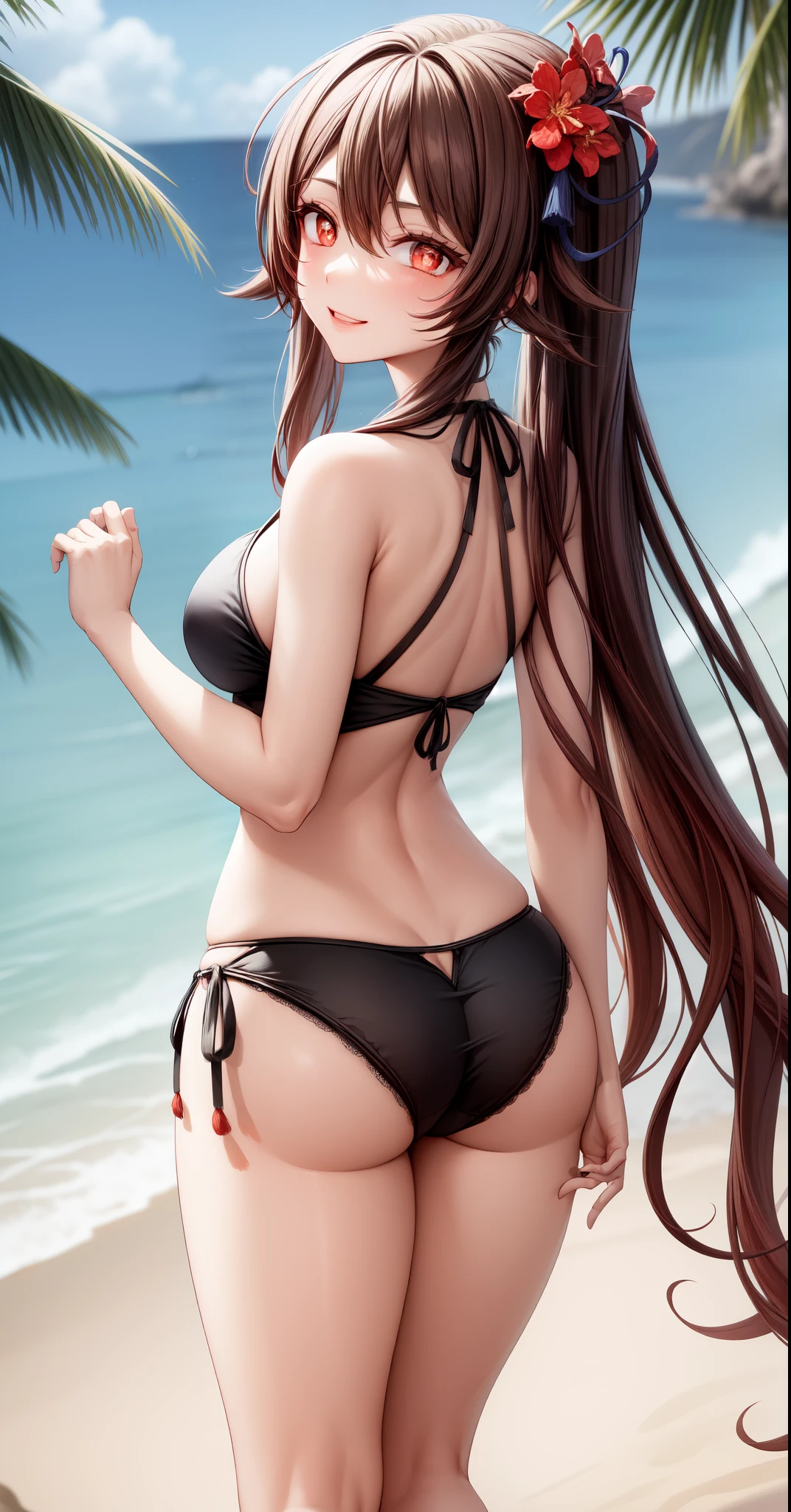 anime, beautiful face, highly detailed face, 2 accurate legs, red detailed eyes, flower pupils, highly detailed beach background, perfect lighting, best lighting, 1girl, solo, hu tao, genshin impact, outdoors, on the beach, (beautiful brown hair:1.2), absurdres, high res, ultrasharp, 8K, masterpiece, looking at viewer, very excited smile, BREAK (detailed sexy beach bikini:1.3), (intricate all lace:1.2), (sexy pose:1.2), (view from behind:1.4), ass view, arching back