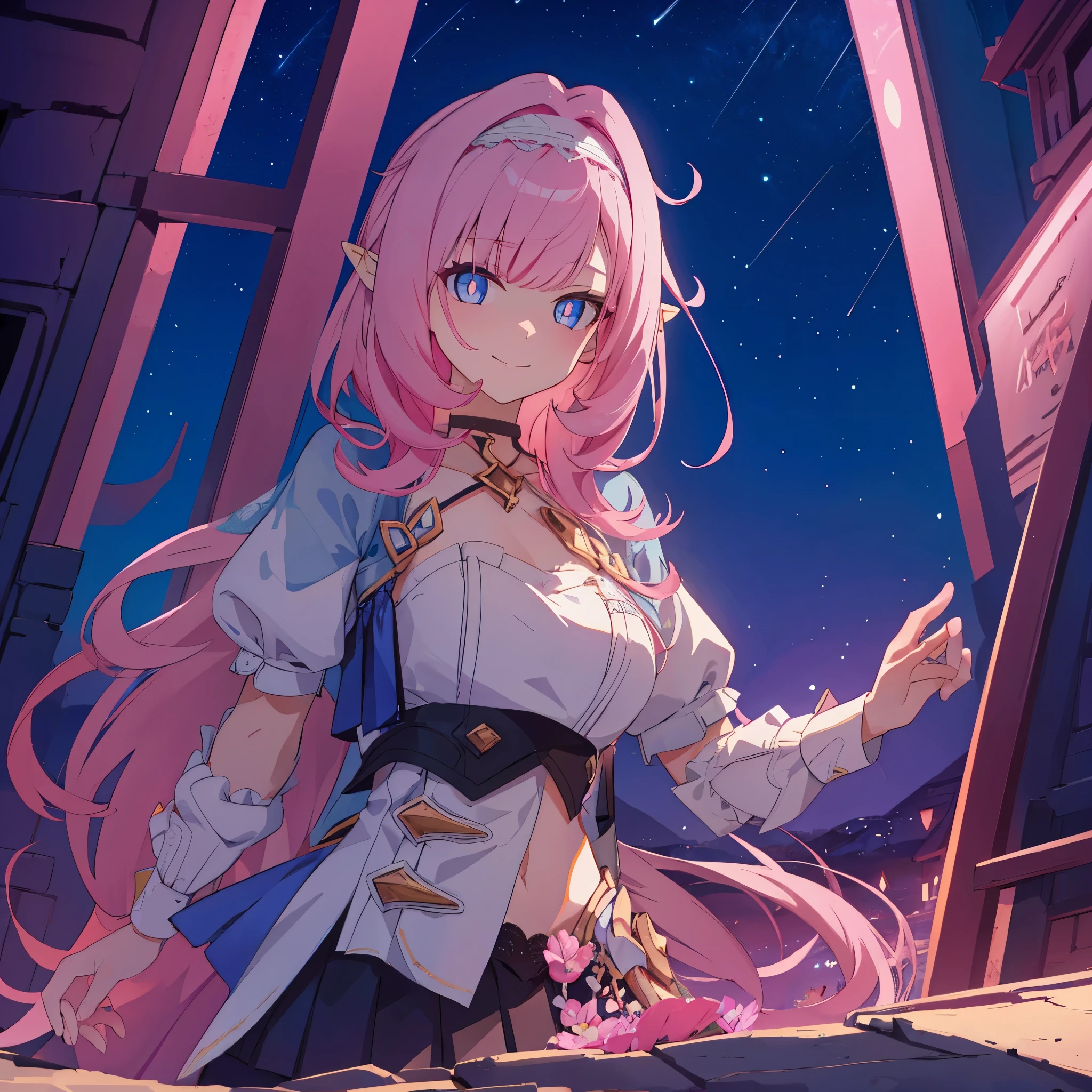 a girl,best picture quality,Moody light,Long pink hair,shirt,lace headband,blue skirt,with a smile,Blue-pink pupils,Elf-like ears,Collapse(series),High in the mountains,under the stars,(masterpiece),best details,exquisite light,wave,for the audience,Cool colors,Vivid pupils,masterpiece,Bangs,Chest:d