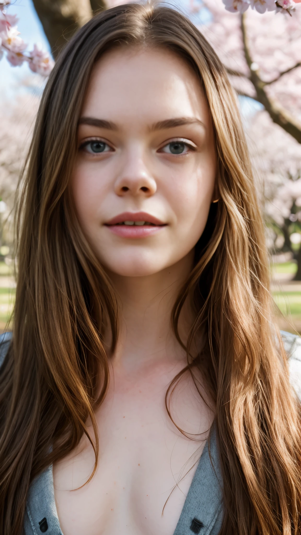 Elle Fanning, (long hair: 1.3), blonde, nude, face close up, park, cherry blossom trees, ray tracing, best quality