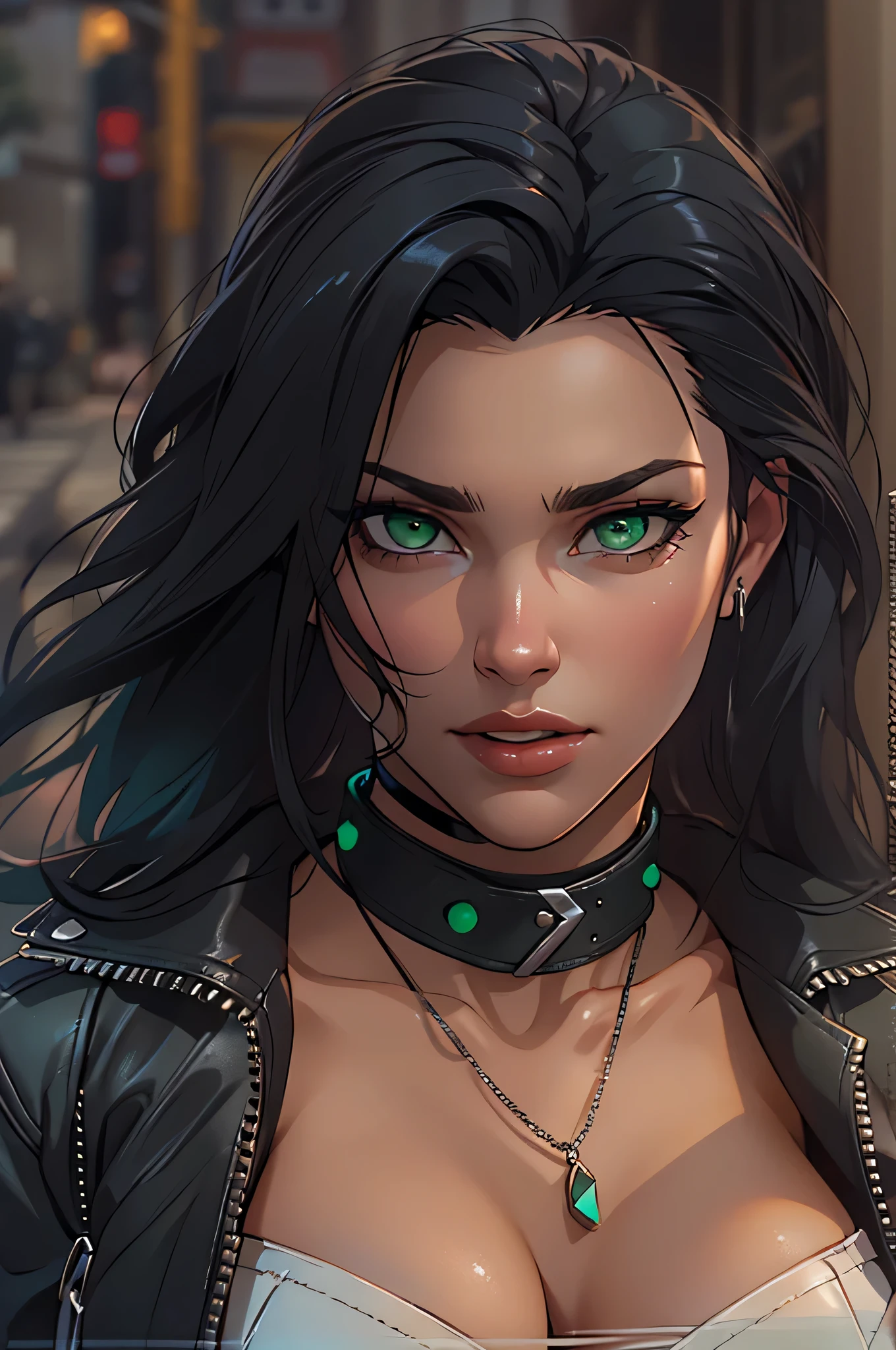 ((Need, 8K, tmasterpiece:1.3)),(realisticlying:1.4),RAW photogr,figure portrait,Very wide lens,closeup cleavage,(True skin texture:1.3),(filmgrain:1.3) Focalors:1.2, perfect figure beautiful woman:1.4, ((Long dark black bright hair, green eyes, navel, huge tit:1.2 )), ((White crop top:1.2))(short black leather jacket, high leather boots, choker, black long trausers:1.4) ((she is kneeling on the floor)), ((open street day scene, )), Highly detailed facial and skin texture, detailed, detailed eyes, sharp focus