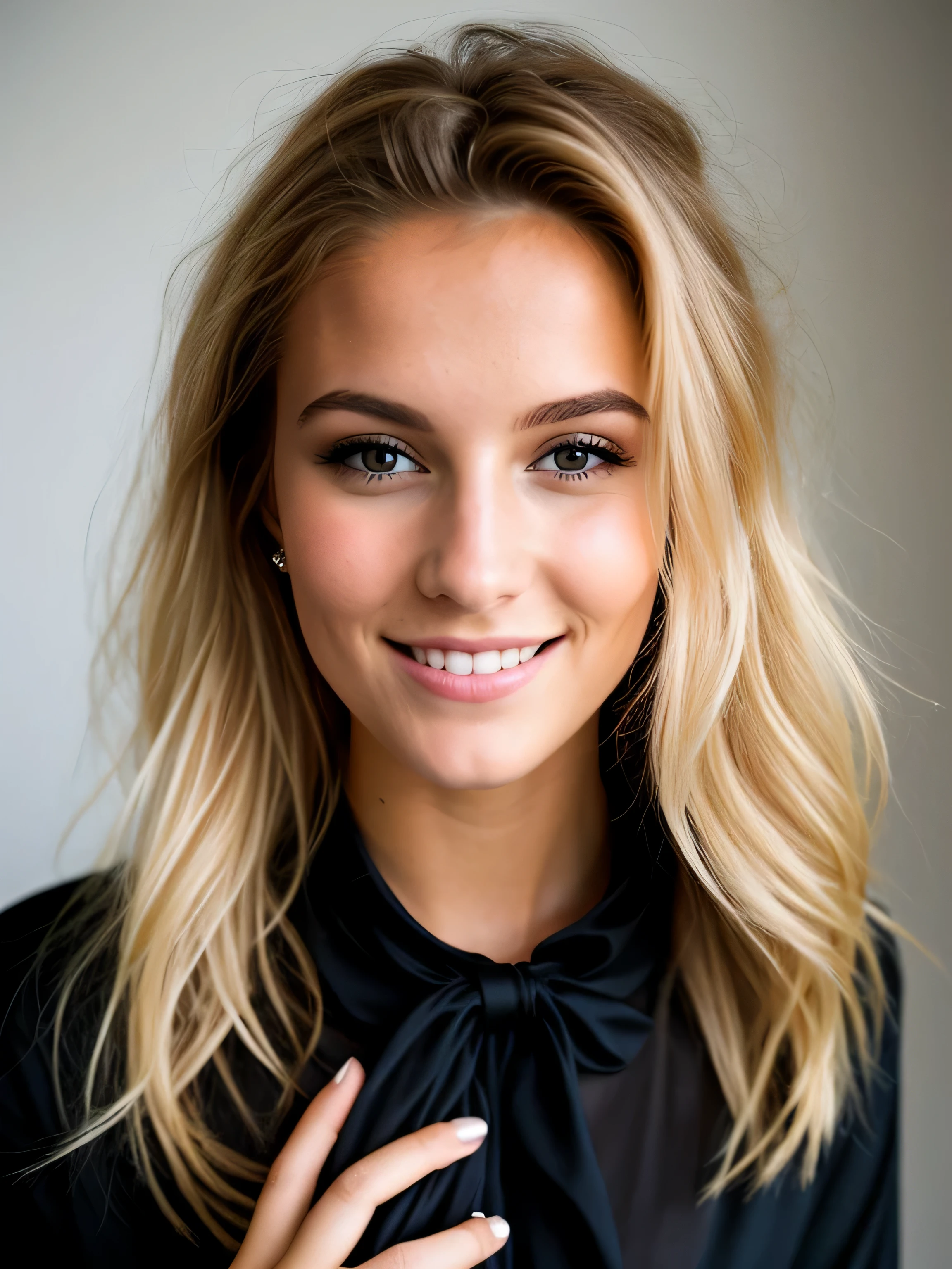une femme souriante blonde de 23 ans maquillée assise les jambes croisées, photo studio de mode, robe noire de soirée, fond noir très sombre, photoréalisme, Cheveux blonds avec des racines châtain clair, cheveux blond, Cheveux avec des racines brunes, Yeux bleus, Belle femme, vue de face, Haute qualité, Selfie