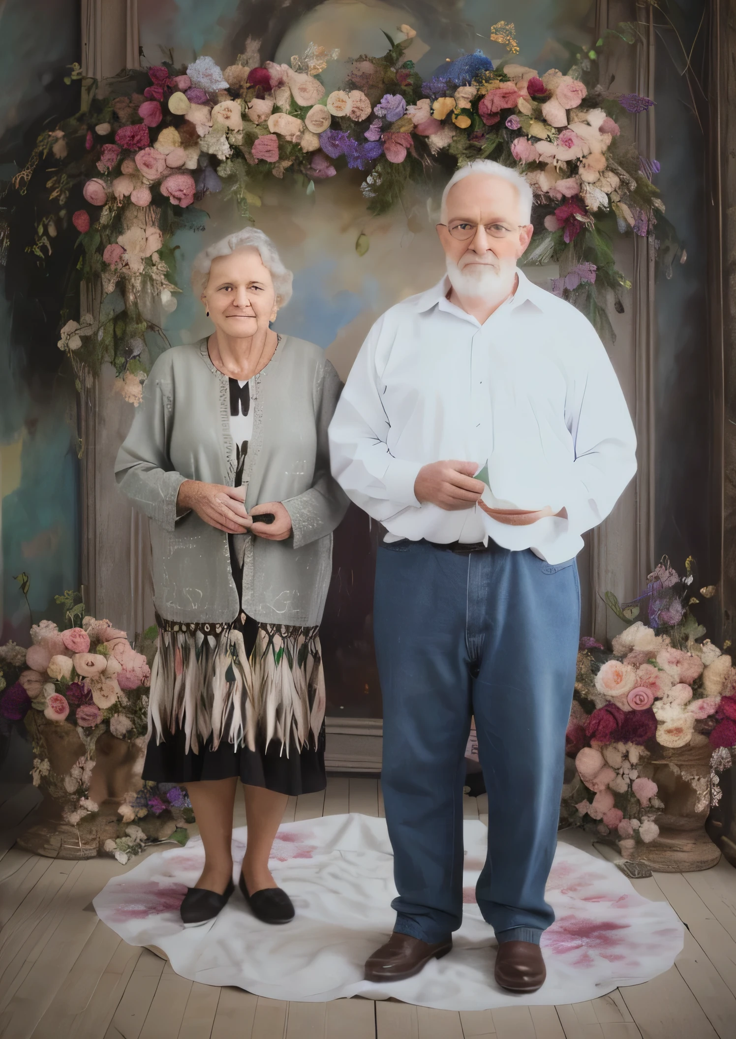 pintura de un hombre y una mujer parados frente a un arco floral, Mom and Dad, a foto coloreada, dos ancianos, foto coloreada, foto restaurada, retrato de dos personas, dos viejos flacos, Lynn Skordal, por Béla Nagy Abodi, taken in the early 2020s, barabas miklos y holosy simon