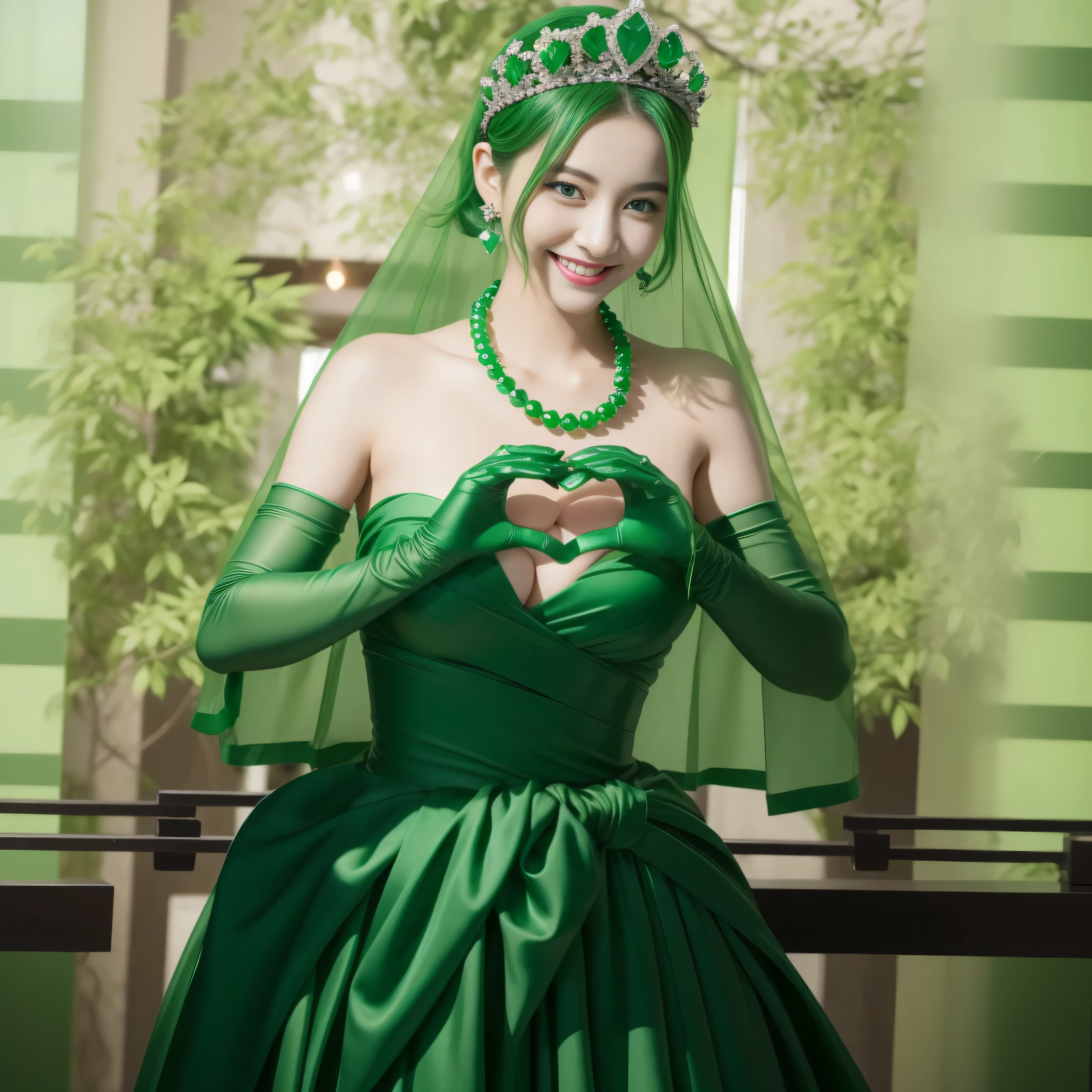 emerald tiara, Green Pearl Necklace, ボーイッシュな非常に短いgreen hair, lipstick, smiling Japanese woman, very short hair,  beautiful woman with big breasts, green eyes, green satin long gloves, green eyes, emerald earrings, Green veil, Heart with both hands, green hair, beautiful japanese woman, heart shaped hands:1.3, green lip gloss