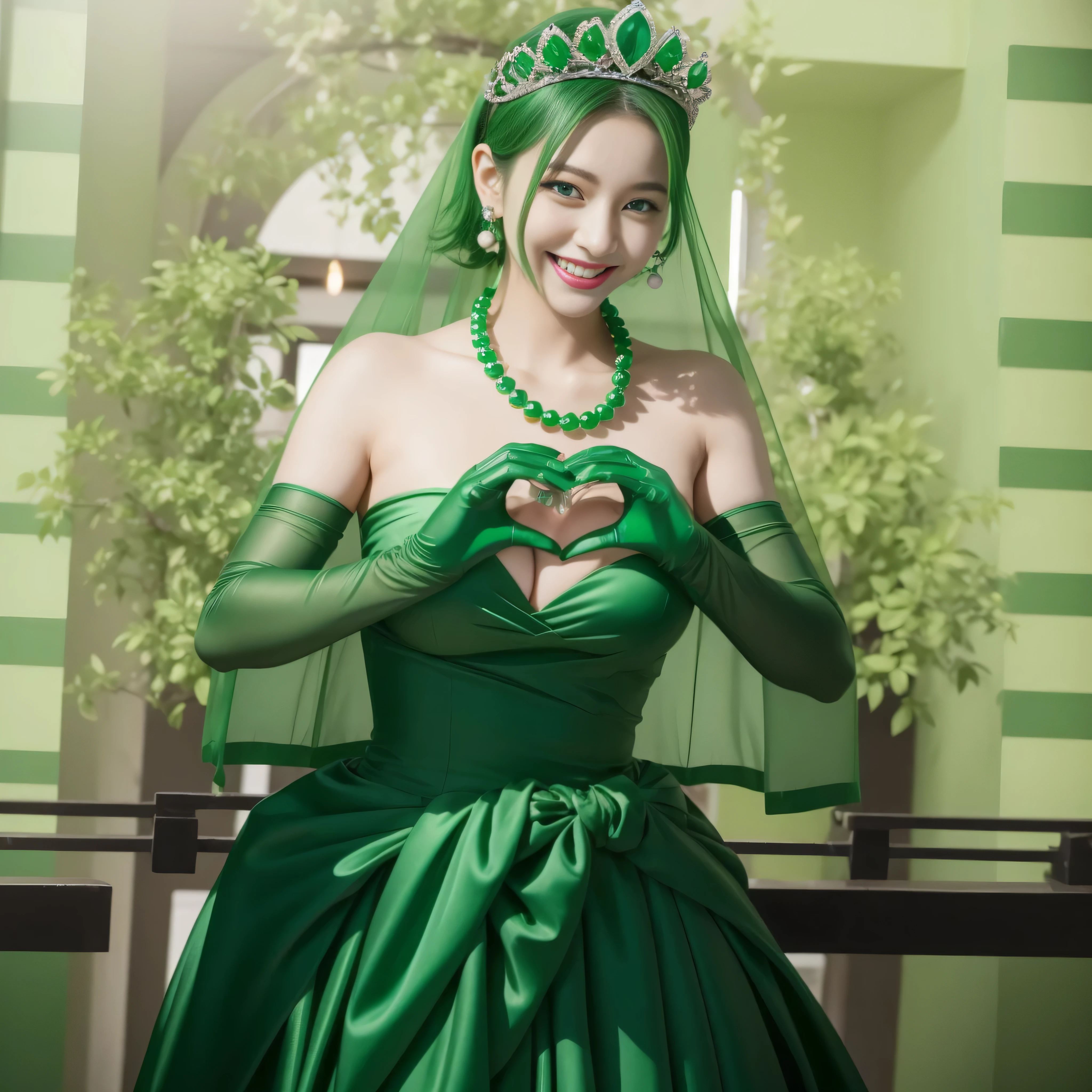 emerald tiara, Green Pearl Necklace, ボーイッシュな非常に短いgreen hair, lipstick, smiling Japanese woman, very short hair, beautiful woman with big breasts, green eyes, green satin long gloves, green eyes, emerald earrings, Green veil, Heart with both hands, green hair, beautiful japanese woman, heart shaped hands:1.3, green lip gloss