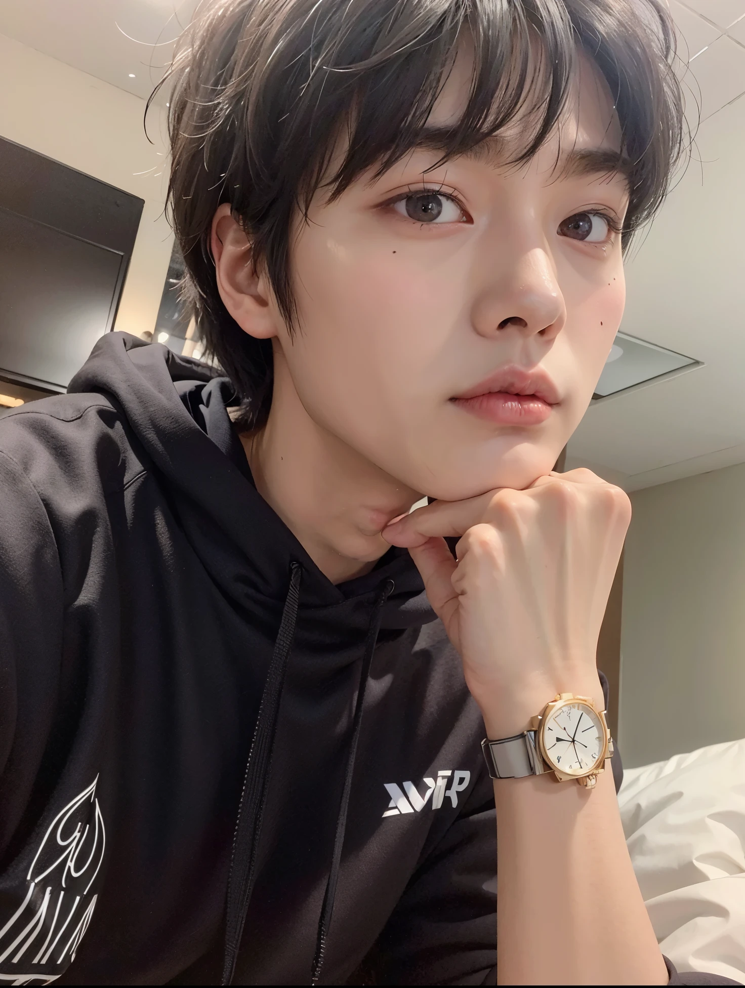 arafed asian man with a black hoodie and a watch, jung jaehyun, kim doyoung, jinyoung shin, male ulzzang, wonbin lee, wan adorable korean face, cai xukun, hyung tae, sakimichan, hong june hyung, taejune kim, south korean male, xqc, young wan angel, headshot profile picture