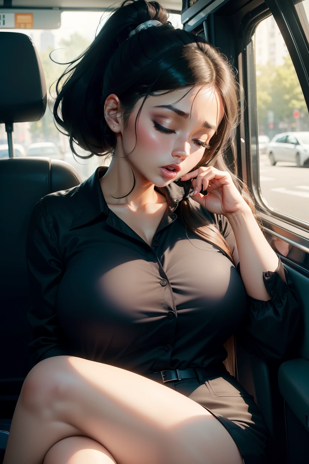 1 beautiful woman, dressed in sexy clothes, big body, big cheeks, painted eyelids, formal black jacket, white shirt, eyes closed, mouth open drooling, long eyelashes, face made up, sleeping with her mouth open, sleeping sitting on the back seat of the bus, hair tied up in a ponytail, black bag, head up with open mouth