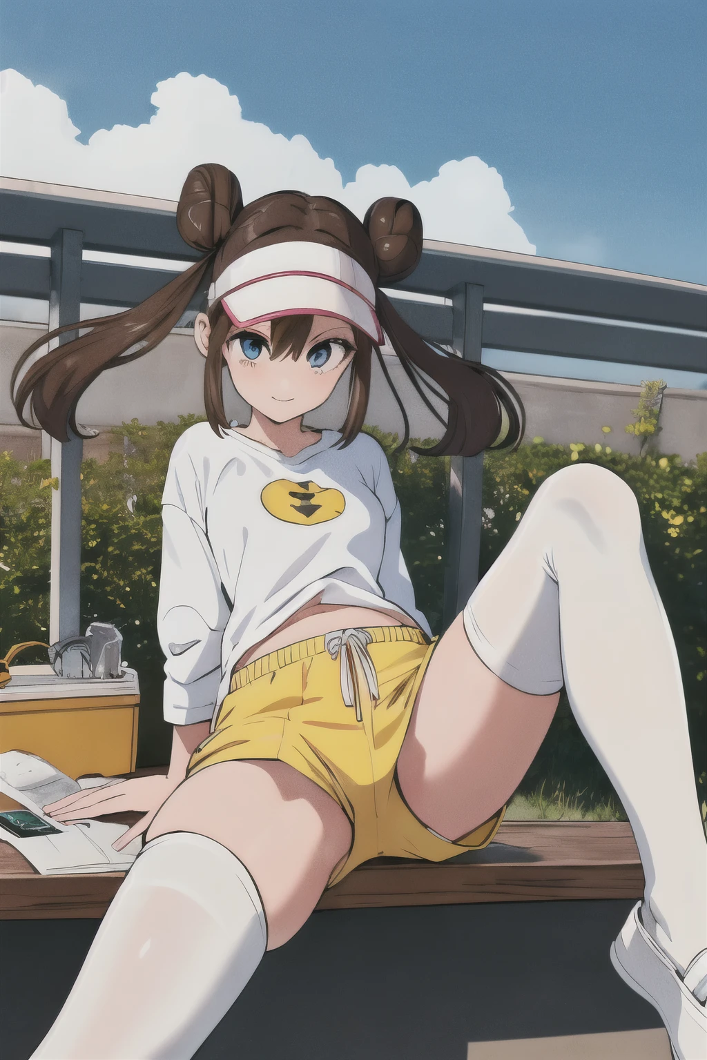 table top、highest quality、High resolution、1 girl、low length、Slender、shy smile、brown hair, bun hair, blue eyes, long twin tails, visor cap,( black tights), raglan sleeves, yellow shorts,shirt, pink bow, watch、outdoors、Photo of the subject from below、tits、((Loose shorts、white Panties are visible through the gap between the yellow shorts、panty peek, swhite panties, pantyshot))、raising one knee、Super perspective、wide shot、sitting with legs spread apart