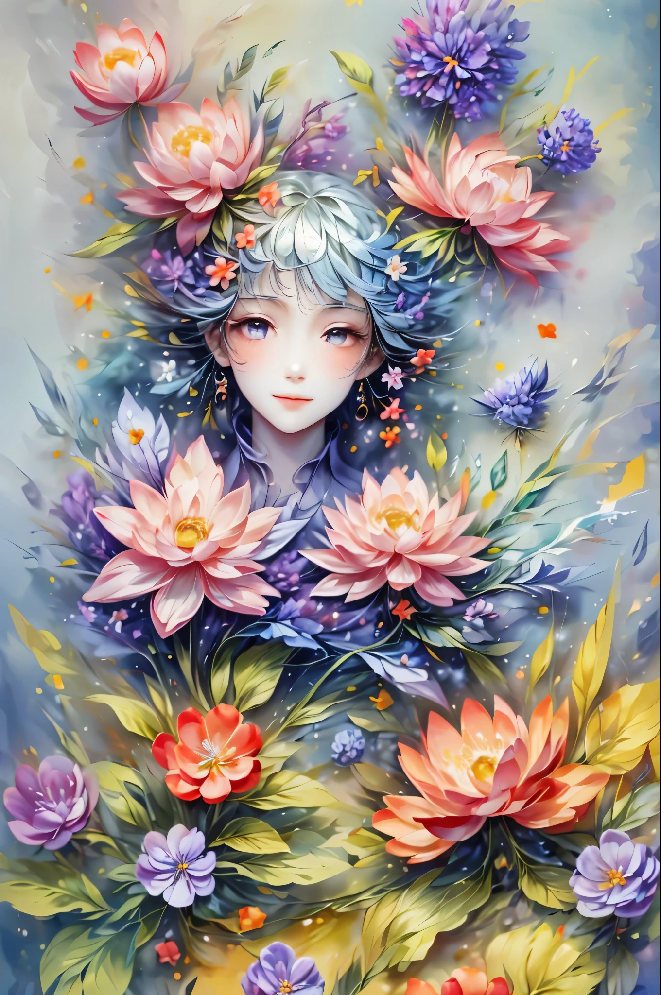 Welcome to the fantasy of unknown lands,(A female spirit will guide you,anatomically correct,European and American cartoon girls with precise and perfect face shapes),smile kindly,Transparent beautiful girl,Beautiful fairy,Small ears,fly around,kaleidoscope,Among thousands of purple flowers,digital illustration,complex,Uptrend,pastel colors,painting,Award-winning photography,Bokeh,depth of field,high dynamic range,flowering,Color difference,Realism,The content is very detailed,Art Station Trend,CG social trends,complex,high detail,drama,midway art