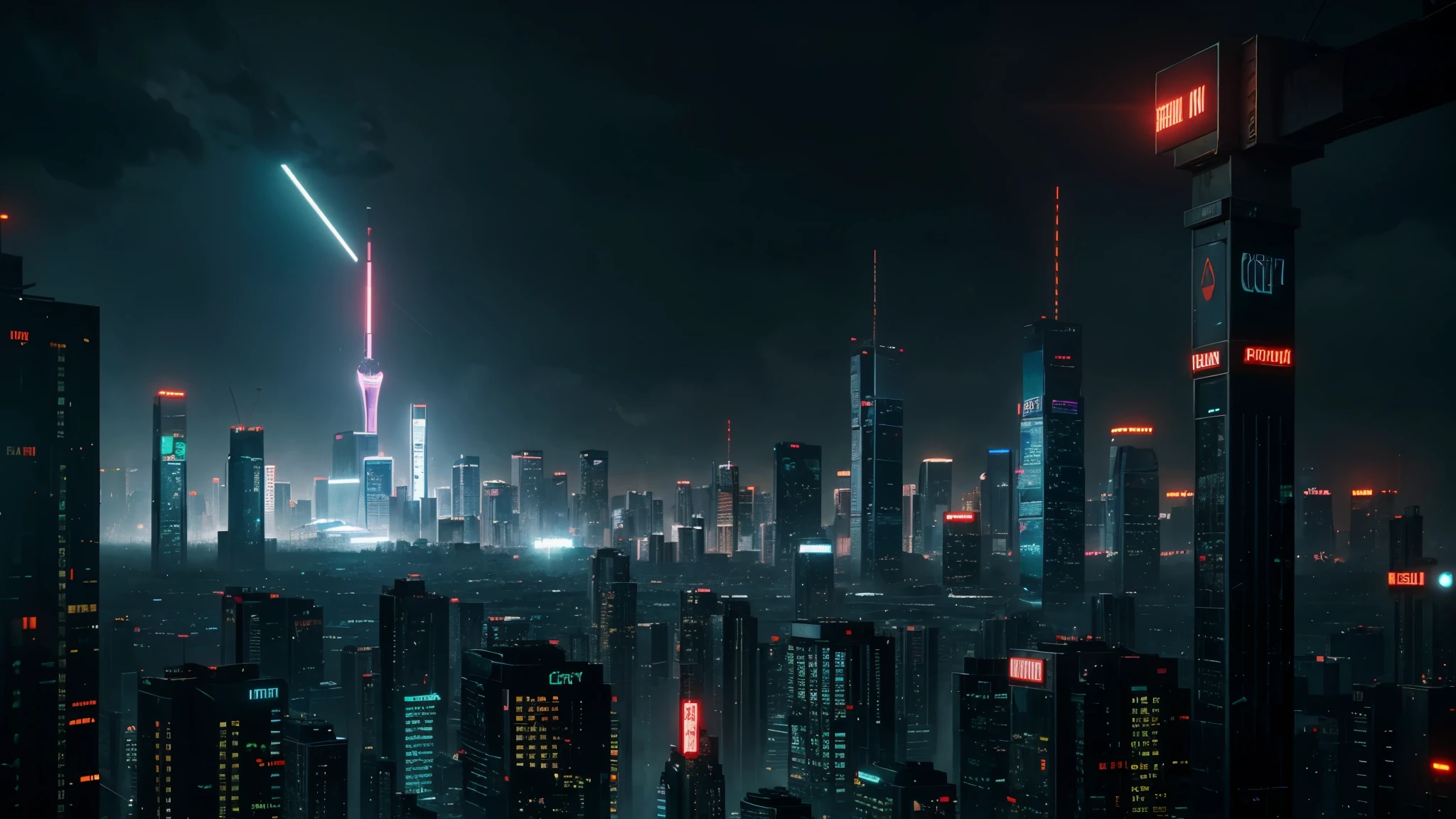city of the future in cyberpunk style, it&#39;s raining at night, there are a lot of tall tall buildings around, neon advertising, the signs glow brightly