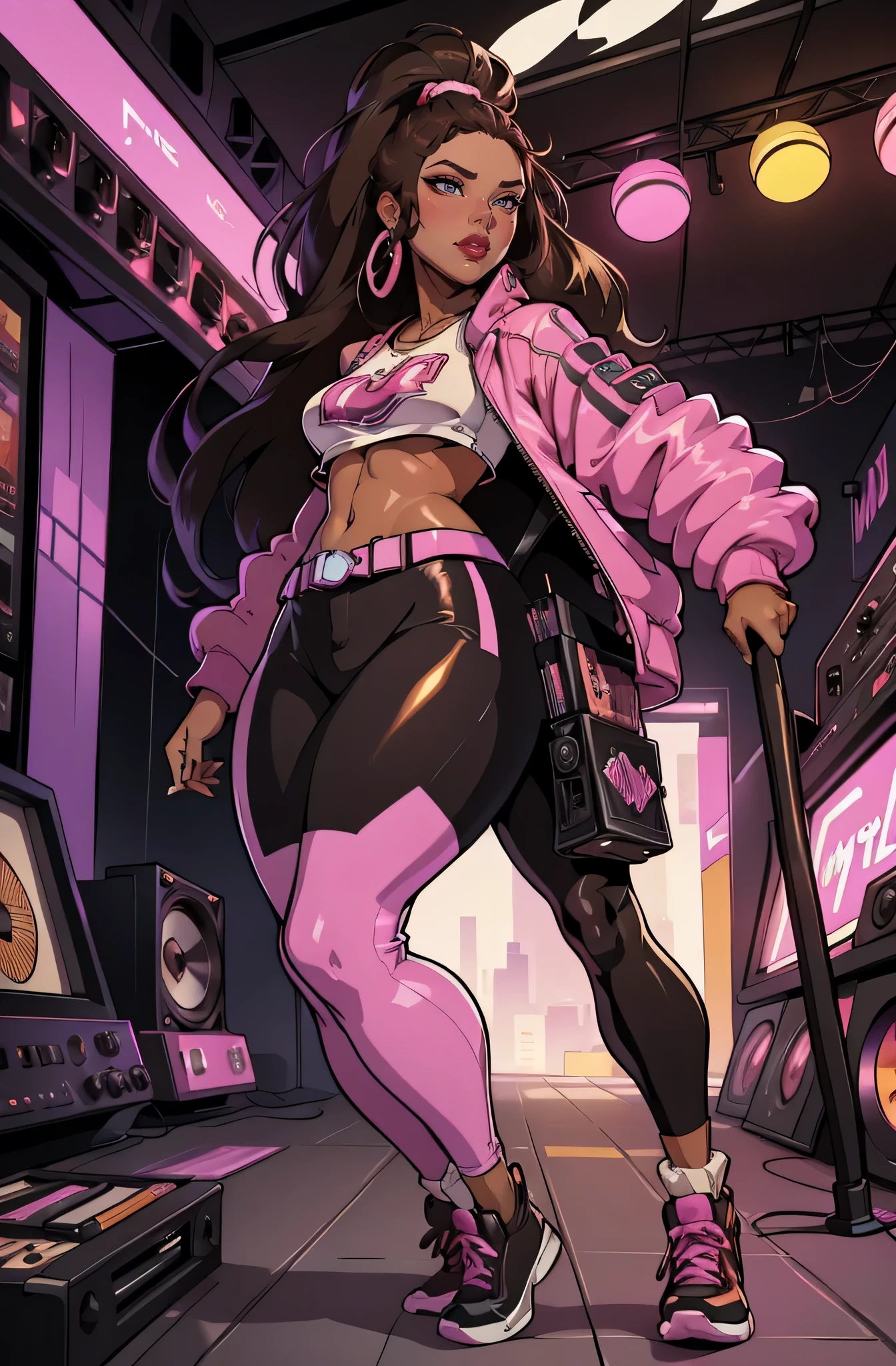 nightclub background with dj booth (a 35 year old woman) brown skin, solo, 1 girl, portrait, african long hair, super detailed, modern style, direct look, full body wearing leggings and pink jacket ultra-detailed, soft light, natural lighting, cinematic light, film grain, (depth of field), (1woman, solo:1.4), (perfect face, brown skin woman,detailed face, glossy lips, eyeliner), (mixtape:1.4), (music store, discs, vinil, radio, amplifiers, speakers),