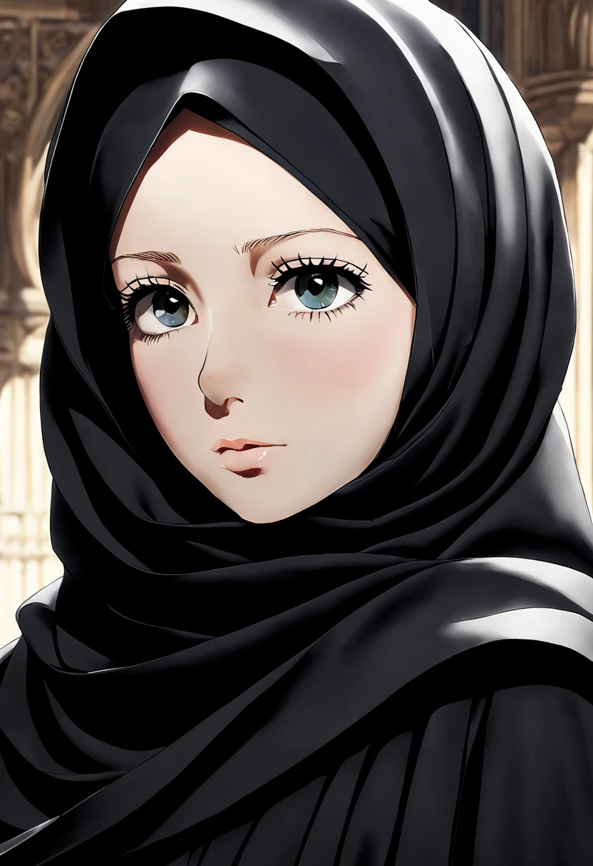 Develop an exquisitely detailed anime-style artwork featuring the extreme close-up of a 24-year-old woman draped in a black Abaya and Khimar Hijab. Every pore on her skin is faithfully recreated, each one catching the light in a nuanced play of highlights and shadows. The folds of her garments are rendered with such realism that they seem to ripple with every movement.