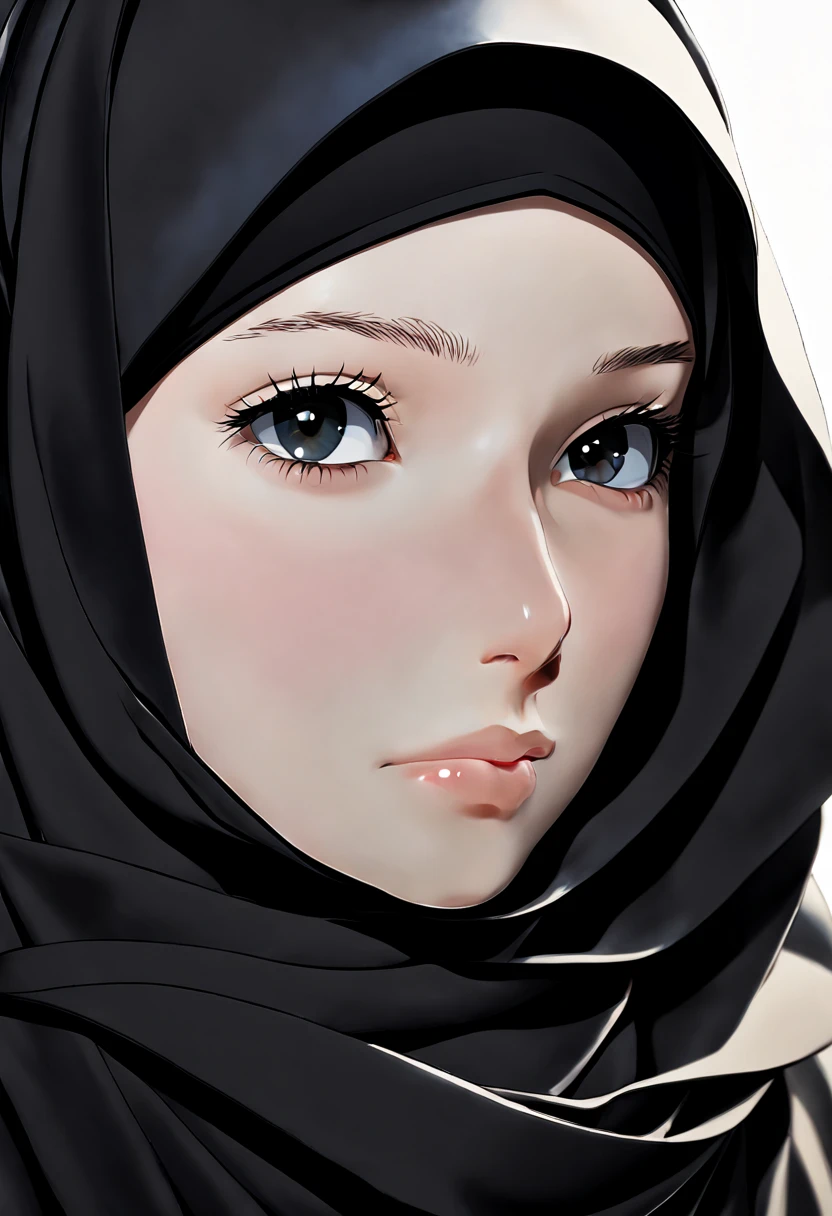 Craft an ultra-detailed anime-style illustration portraying the extreme close-up of a 24-year-old woman wearing a black Abaya and Khimar Hijab. Every strand of hair beneath her headscarf is painstakingly rendered, each one catching the light in a naturalistic cascade of highlights and shadows. The fabric of her garments is depicted with such fidelity that one can almost feel its weight and texture.