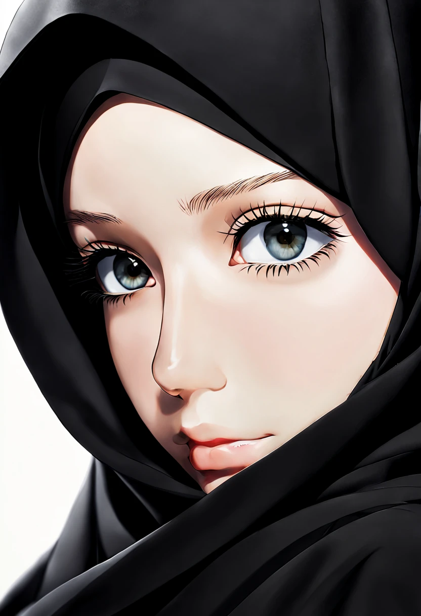 Develop an intricately detailed anime-inspired artwork featuring a close-up of a 24-year-old woman's face, her unadorned eyes gazing out with an uncanny realism. The fine lines and wrinkles around her eyes are rendered with precision, while the subtle nuances of her expression convey a depth of emotion rarely seen in art. She wears a black Abaya and Khimar Hijab, the fabric's texture so finely rendered that it appears to have a life of its own.
