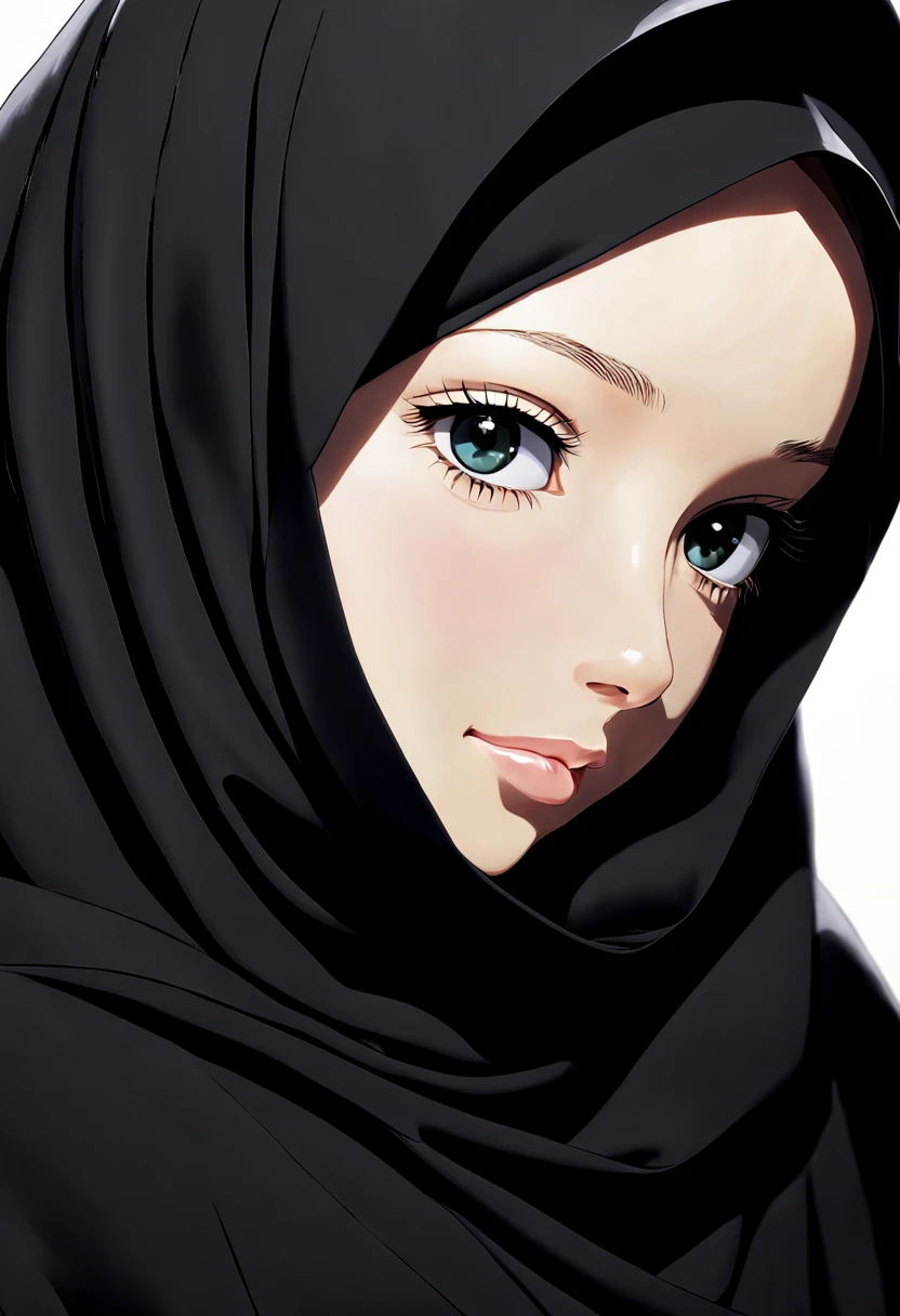 Develop an exquisitely detailed anime-style artwork featuring the extreme close-up of a 24-year-old woman draped in a black Abaya and Khimar Hijab. Every pore on her skin is faithfully recreated, each one catching the light in a nuanced play of highlights and shadows. The folds of her garments are rendered with such realism that they seem to ripple with every movement.