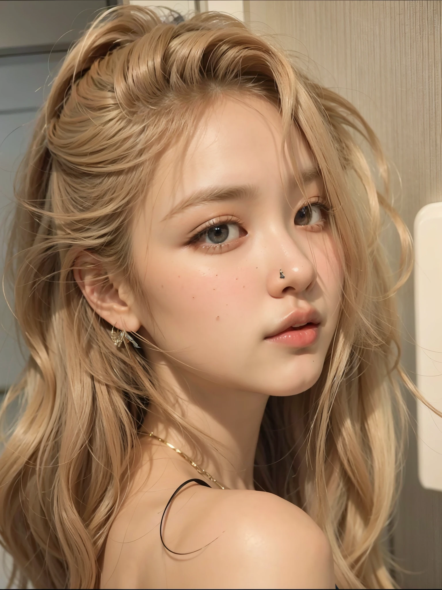 um close de uma mulher com longos cabelos loiros e brincos, maquiagem coreana popular, linda mulher sul-coreana, maquiagem sul-coreana popular,  coreana, Linda jovem coreana, Linda jovem coreana, Uma garota com cabelo loiro, Korean facial features, beautiful aesthetic face, Beautiful Asian girl, young lovely korean face, Asian beautiful face, asian features, lindo rosto delicado