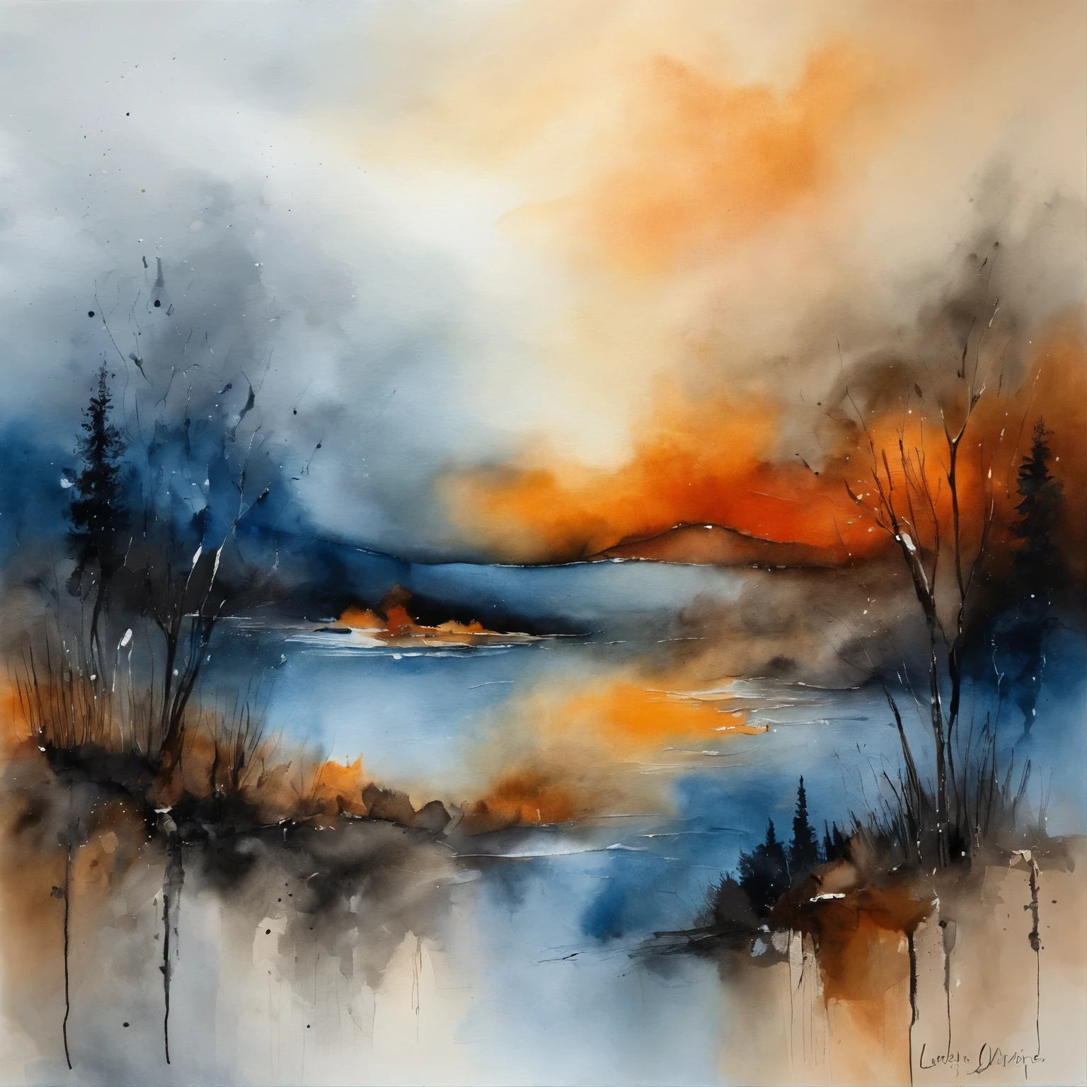 Create an abstract painting image with textured blue brushstrokes at the bottom, transitioning to a muted black, silver and orange landscape.