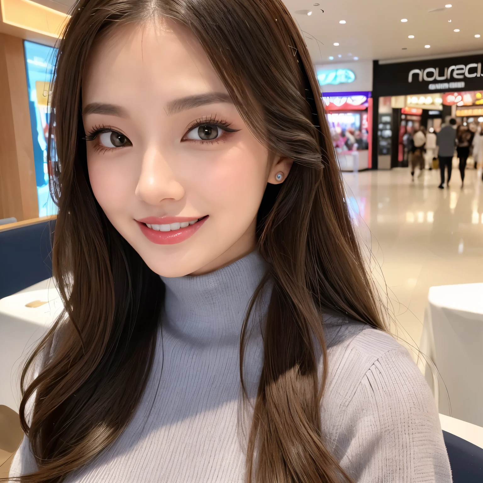 ((highest quality, table top, Super high resolution、the most complex and detailed depiction))、(Very bright lighting:1.1)、(Beautiful woman in a turtleneck sweater:1.1)、(long wavy hair:1.05), (accurate anatomy:1.1)、color contacts、perfect makeup、long eyelashes、lipstick、highly saturated eyeshadow、Tight knitwear、perfect fit、emphasize body line、(big and full breasts:1.1)、perfect turtleneck knit sweater、blurred background, look at me and smile、The background is the interior of a large shopping mall.、(close up of face:1.1)、(Super high-resolution lustrous, fair-skinned skin:1.1)、Ultra-high resolution face、super high resolution hair、Super high resolution sparkling eyes、Super high resolution glossy lips、(very brightly illuminated fair skin:1.1)、Beautiful face drawn in great detail、Super high resolution perfect beautiful teeth、(very bright and vivid:1.1)