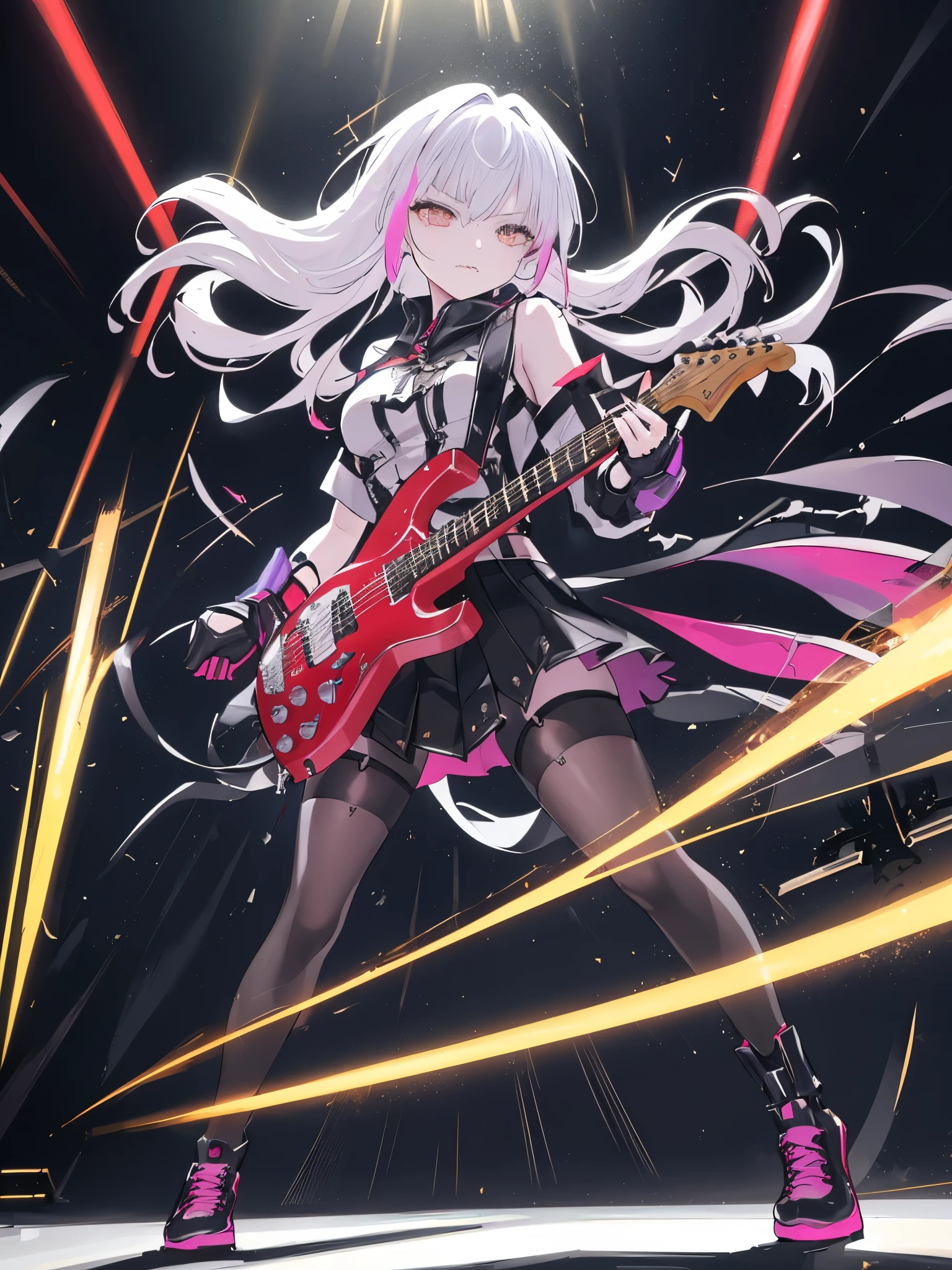 Create an image of a young girl with an intense and passionate expression, fiercely playing an electric guitar. She has wild, flowing hair that seems to move with the energy of her performance. The girl is standing on a stage with dramatic lighting that casts dynamic shadows, highlighting the motion and emotion of the moment. Her outfit is edgy and reflects a rock and roll vibe, complete with leather and metal accents. The electric guitar she's playing is a striking, vivid color, contrasting with the darker background of the stage. Sparks and light streaks emanate from the guitar, visualizing the powerful sound waves and the electrifying atmosphere of the live performance. The scene is vibrant, full of motion, and captures the essence of a rock concert.