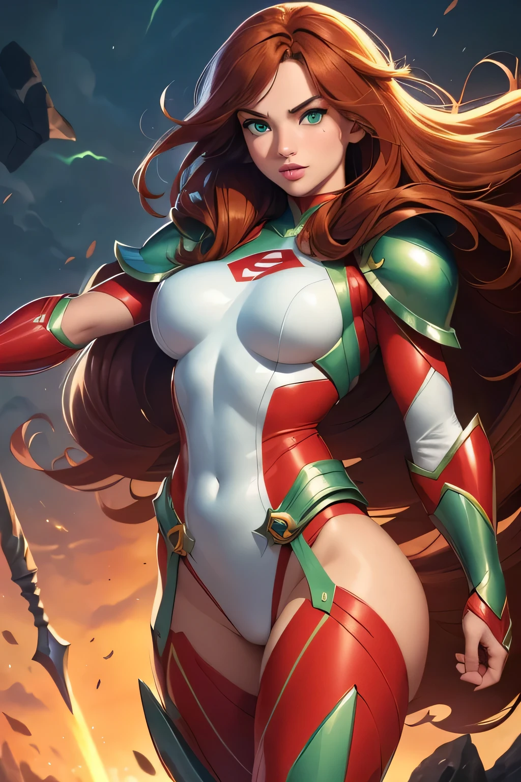 ((Solo)) ((Masterpiece)) ((High Quality)) ((Perfect Face)) ((Beautiful)) ((Super Hero)) ((Super Hero Armor)) ((Superpowers)) ((Auburn Hair)) ((Light Skin)) ((Small Breasts)) ((Athletic Figure)) ((Heroic Pose)) ((Green Eyes)) ((Cute Nose)) ((Full Lips)) ((Round Face))