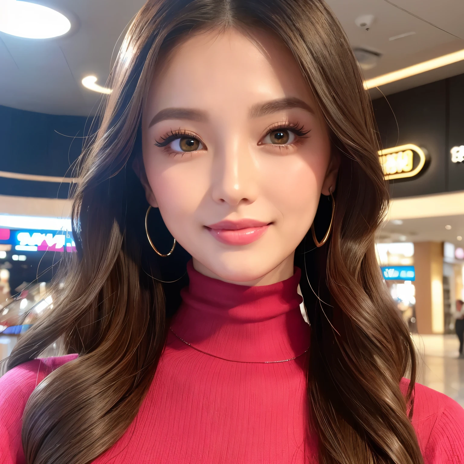 ((highest quality, table top, Super high resolution、the most complex and detailed depiction))、(Very bright lighting:1.1)、(Beautiful woman in a turtleneck sweater:1.1)、(long wavy hair:1.05), (accurate anatomy:1.1)、color contacts、perfect makeup、long eyelashes、lipstick、highly saturated eyeshadow、Tight knitwear、perfect fit、emphasize body line、(big and full breasts:1.1)、perfect turtleneck knit sweater、blurred background, look at me and smile、The background is the interior of a large shopping mall.、(close up of face:1.1)、(Super high-resolution lustrous, fair-skinned skin:1.1)、Ultra-high resolution face、super high resolution hair、Super high resolution sparkling eyes、Super high resolution glossy lips、(very brightly illuminated fair skin:1.1)、Beautiful face drawn in great detail、Super high resolution perfect beautiful teeth、(very bright and vivid:1.1)