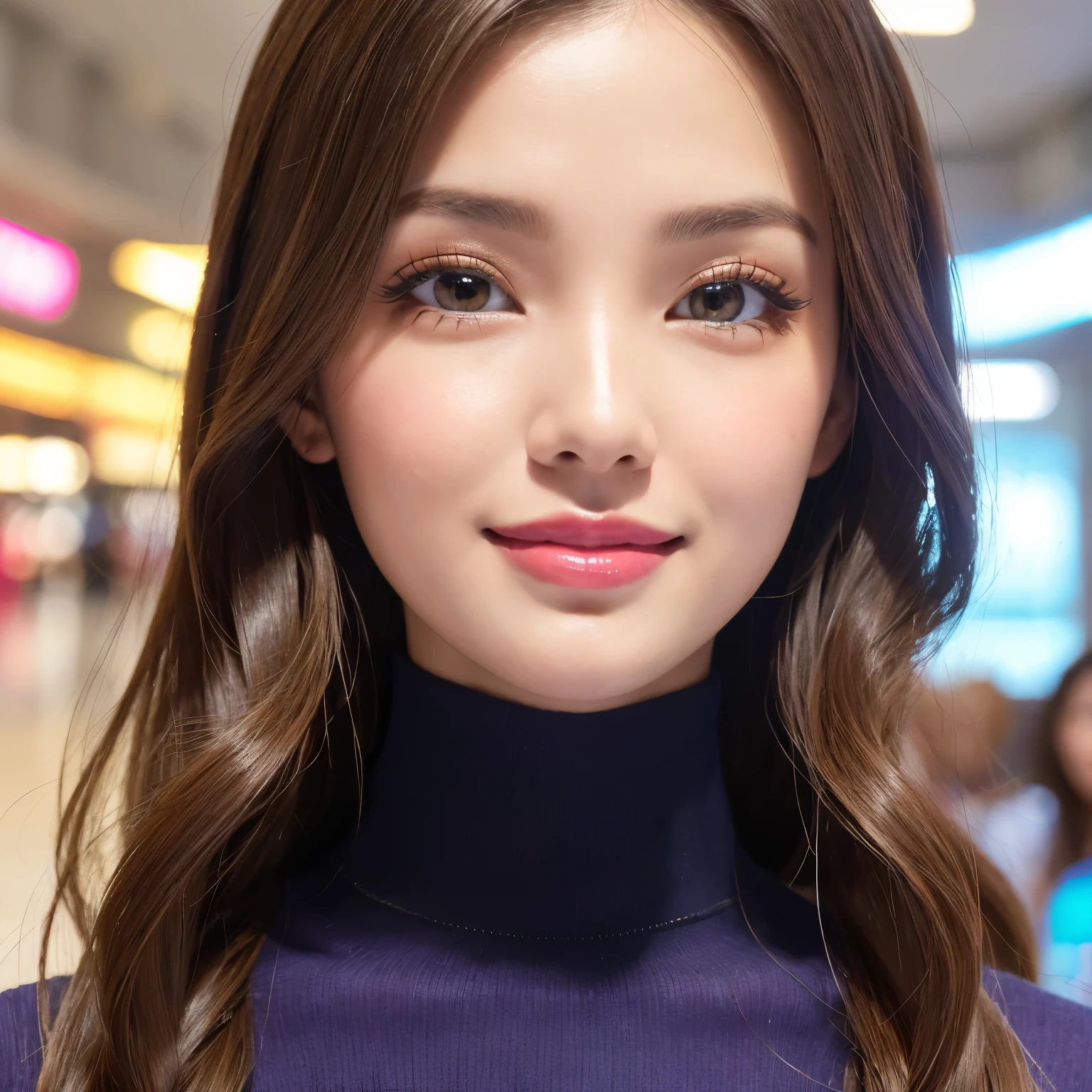 ((highest quality, table top, Super high resolution、the most complex and detailed depiction))、(Very bright lighting:1.1)、(Beautiful woman in a turtleneck sweater:1.1)、(long wavy hair:1.05), (accurate anatomy:1.1)、color contacts、perfect makeup、long eyelashes、lipstick、highly saturated eyeshadow、Tight knitwear、perfect fit、emphasize body line、(big and full breasts:1.1)、perfect turtleneck knit sweater、blurred background, look at me and smile、The background is the interior of a large shopping mall.、(close up of face:1.1)、(Super high-resolution lustrous, fair-skinned skin:1.1)、Ultra-high resolution face、super high resolution hair、Super high resolution sparkling eyes、Super high resolution glossy lips、(very brightly illuminated fair skin:1.1)、Beautiful face drawn in great detail、Super high resolution perfect beautiful teeth、(very bright and vivid:1.1)