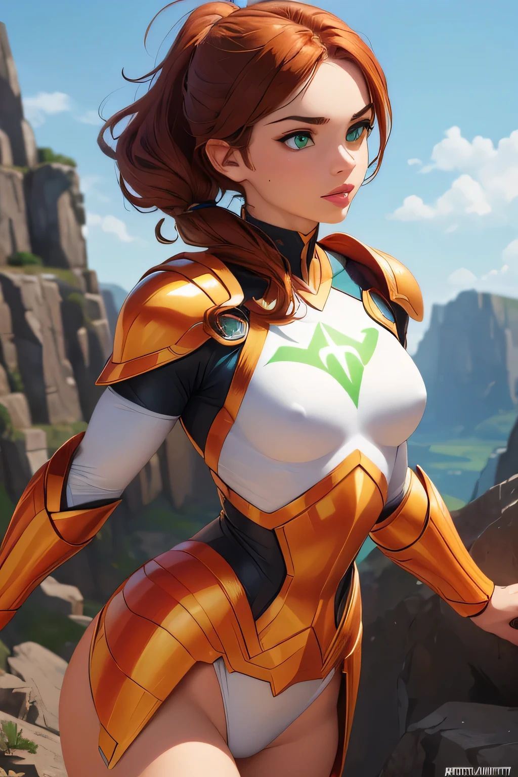 ((Solo)) ((Masterpiece)) ((High Quality)) ((Perfect Face)) ((Beautiful)) ((Super Hero)) ((Super Hero Armor)) ((Superpowers)) ((Auburn Hair)) ((Light Skin)) ((Small Breasts)) ((Athletic Figure)) ((Heroic Pose)) ((Green Eyes)) ((Cute Nose)) ((Full Lips)) ((Round Face))