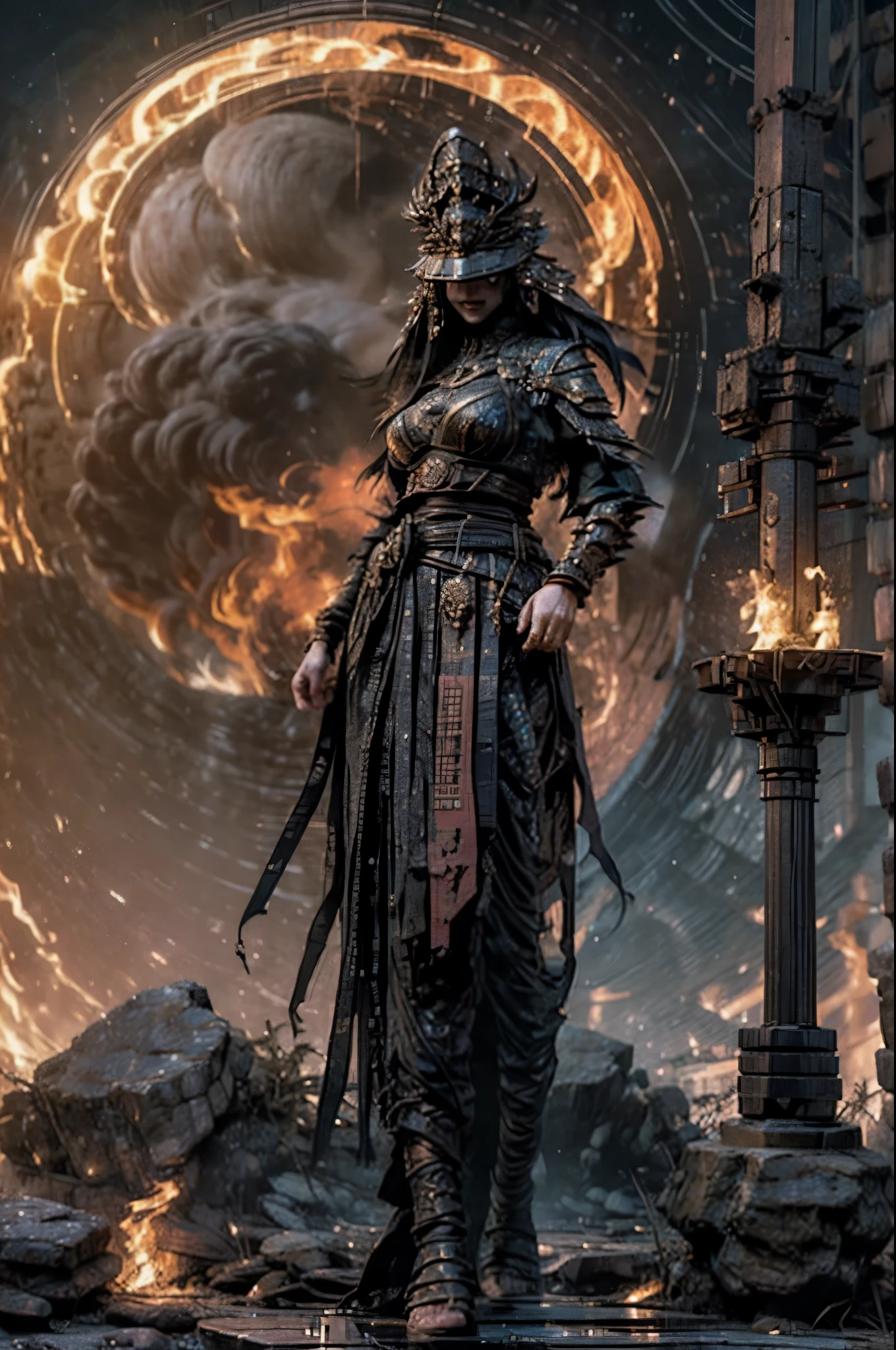 depicts a goddess of war，she is a great giant，she is a lovely princess，Also a powerful warrior，flame，lightning in sky，The top of the mountain is at your feet，mountains in the distance，(fire element:1.4)，现实的flame，Highly realistic，correct anatomy，full-body shot，convex，cute big breasts，violent house，，Plum，longing unsatisfied，only genitalia， camel toe，sexy gesture，，Sex huge breasts cleavage， onlyfoot，sexy gesture，（wear：Gorgeous and sexy evening dress，由fire element組成，only ，）1 female，30 years old，married woman，MILF， solo，Beautiful and delicate eyes，（tangled，mandala，tangled，entangled），divine light，gold foil，gold foil艺术，dark background，marvelous and unbelievable，史诗ish作品，(intricate details，Ultra-detailed:1.2)，Super real photos, scary, epic reality, faded, ((neutral color)),(pastel colors:1.2), Detailed face, delicate eyes，surreal, + movie shot + dynamic composition, Very detailed, sharpen, ish, warm light, Light effect, dramatic light, (intricate details:1.1), complex background, (Greg Rutkowsky:0.8), laughter，