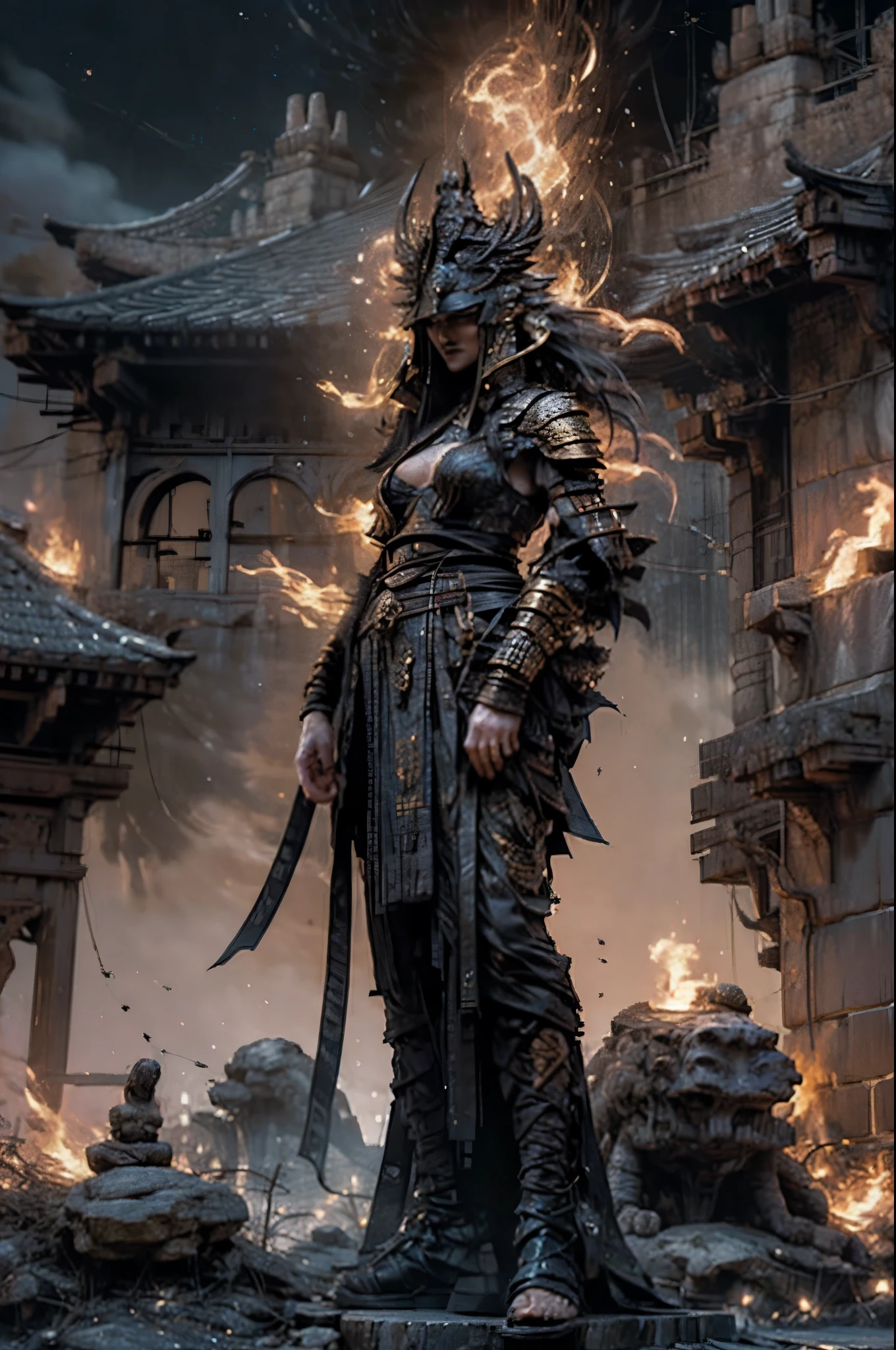 depicts a goddess of war，she is a great giant，she is a lovely princess，Also a powerful warrior，flame，lightning in sky，The top of the mountain is at your feet，mountains in the distance，(fire element:1.4)，现实的flame，Highly realistic，correct anatomy，full-body shot，convex，cute big breasts，violent house，，Plum，longing unsatisfied，only genitalia， camel toe，sexy gesture，，Sex huge breasts cleavage， onlyfoot，sexy gesture，（wear：Gorgeous and sexy evening dress，由fire element組成，only ，）1 female，30 years old，married woman，MILF， solo，Beautiful and delicate eyes，（tangled，mandala，tangled，entangled），divine light，gold foil，gold foil艺术，dark background，marvelous and unbelievable，史诗ish作品，(intricate details，Ultra-detailed:1.2)，Super real photos, scary, epic reality, faded, ((neutral color)),(pastel colors:1.2), Detailed face, delicate eyes，surreal, + movie shot + dynamic composition, Very detailed, sharpen, ish, warm light, Light effect, dramatic light, (intricate details:1.1), complex background, (Greg Rutkowsky:0.8), laughter，