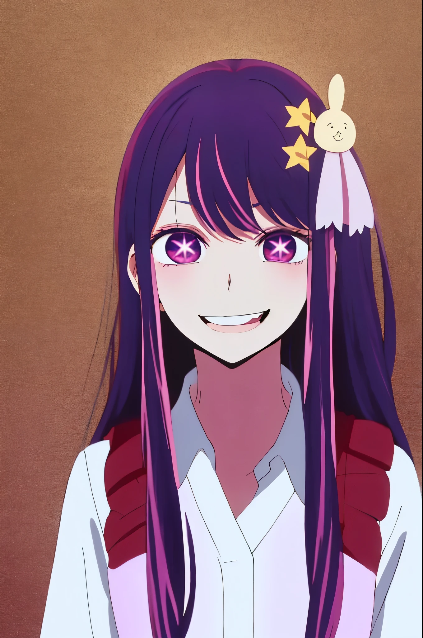 Hoshino Ai, long hair, purple hair, streaked hair ,purple eyes, star-shaped pupils, hair ornament,  crazy smile
scared 