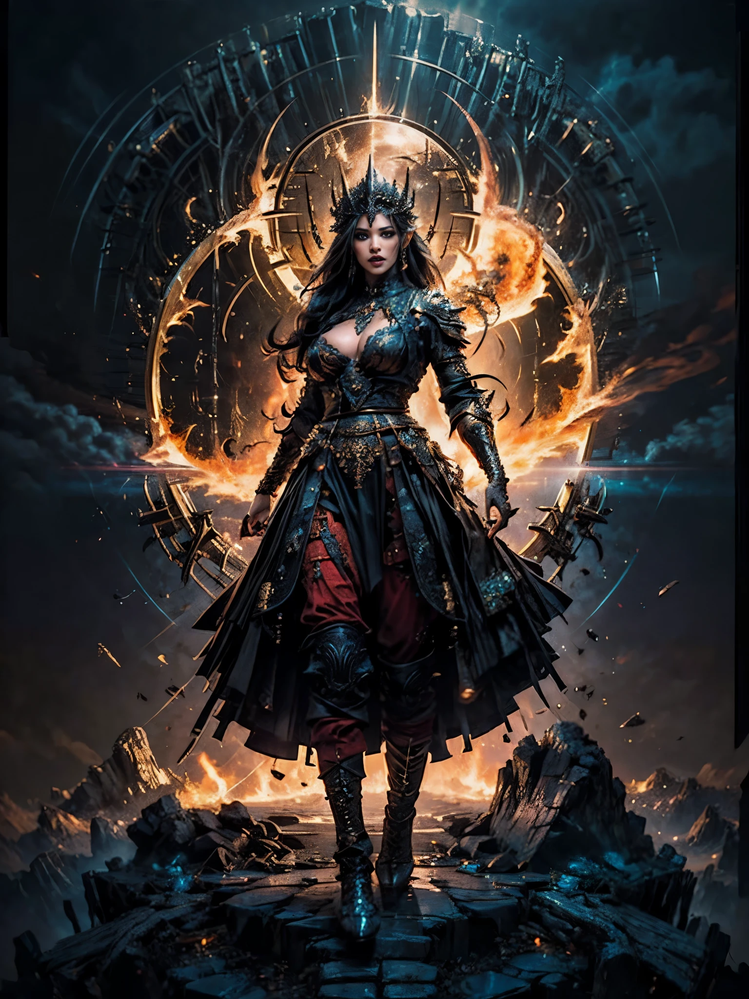 depicts a goddess of war，she is a great giant，she is a lovely princess，Also a powerful warrior，flame，lightning in sky，The top of the mountain is at your feet，mountains in the distance，(fire element:1.4)，现实的flame，Highly realistic，correct anatomy，full-body shot，convex，cute big breasts，violent house，，Plum，longing unsatisfied，only genitalia， camel toe，sexy gesture，，Sex huge breasts cleavage， onlyfoot，sexy gesture，（wear：Gorgeous and sexy evening dress，由fire element組成，only ，）1 female，30 years old，married woman，MILF， solo，Beautiful and delicate eyes，（tangled，mandala，tangled，entangled），divine light，gold foil，gold foil艺术，dark background，marvelous and unbelievable，史诗ish作品，(intricate details，Ultra-detailed:1.2)，Super real photos, scary, epic reality, faded, ((neutral color)),(pastel colors:1.2), Detailed face, delicate eyes，surreal, + movie shot + dynamic composition, Very detailed, sharpen, ish, warm light, Light effect, dramatic light, (intricate details:1.1), complex background, (Greg Rutkowsky:0.8), laughter，