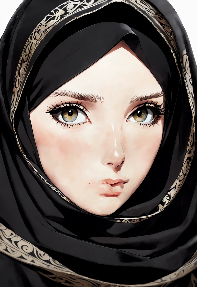 Illustrate a hyper-realistic anime-inspired depiction of a young woman's face, aged 24, adorned in a black Abaya and Khimar Hijab. The texture of her skin is so lifelike that one can almost feel its softness, while the subtle contours of her lips and nose are rendered with an exquisite attention to detail. Her unadorned eyes are the focal point, each strand of eyelash meticulously depicted against the backdrop of her modest attire.