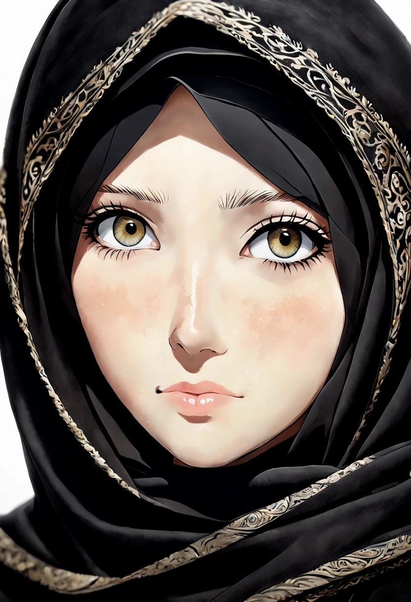 Illustrate a hyper-realistic anime-inspired depiction of a young woman's face, aged 24, adorned in a black Abaya and Khimar Hijab. The texture of her skin is so lifelike that one can almost feel its softness, while the subtle contours of her lips and nose are rendered with an exquisite attention to detail. Her unadorned eyes are the focal point, each strand of eyelash meticulously depicted against the backdrop of her modest attire.