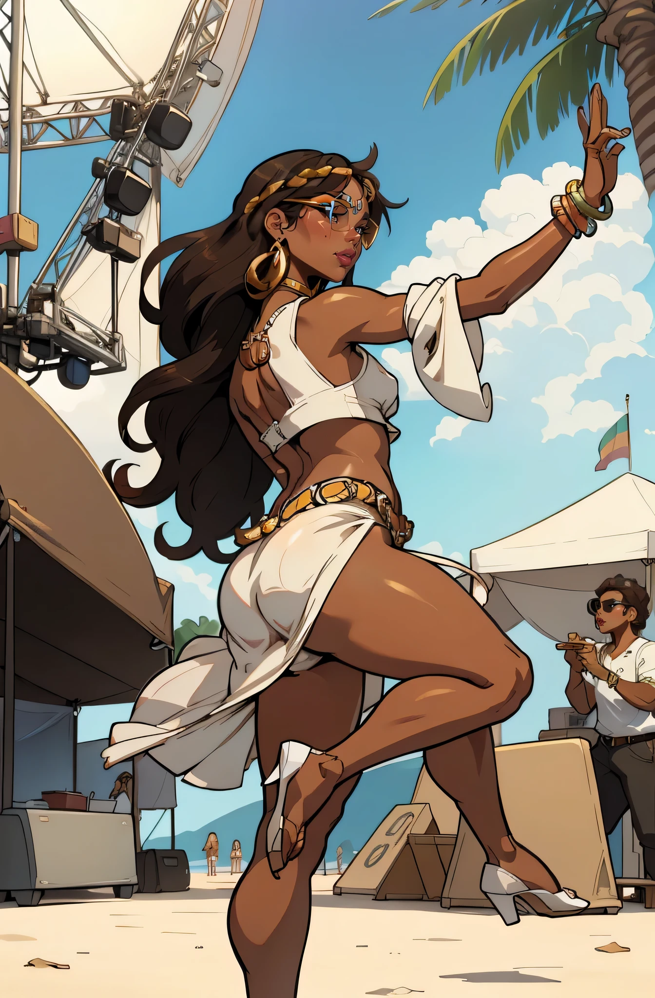 background at a music festival (a 35 year old woman) brown skin, solo, girl,, african long hair, super detailed, modern style, wearing white gucci bikini and chanel sunglasses people dancing