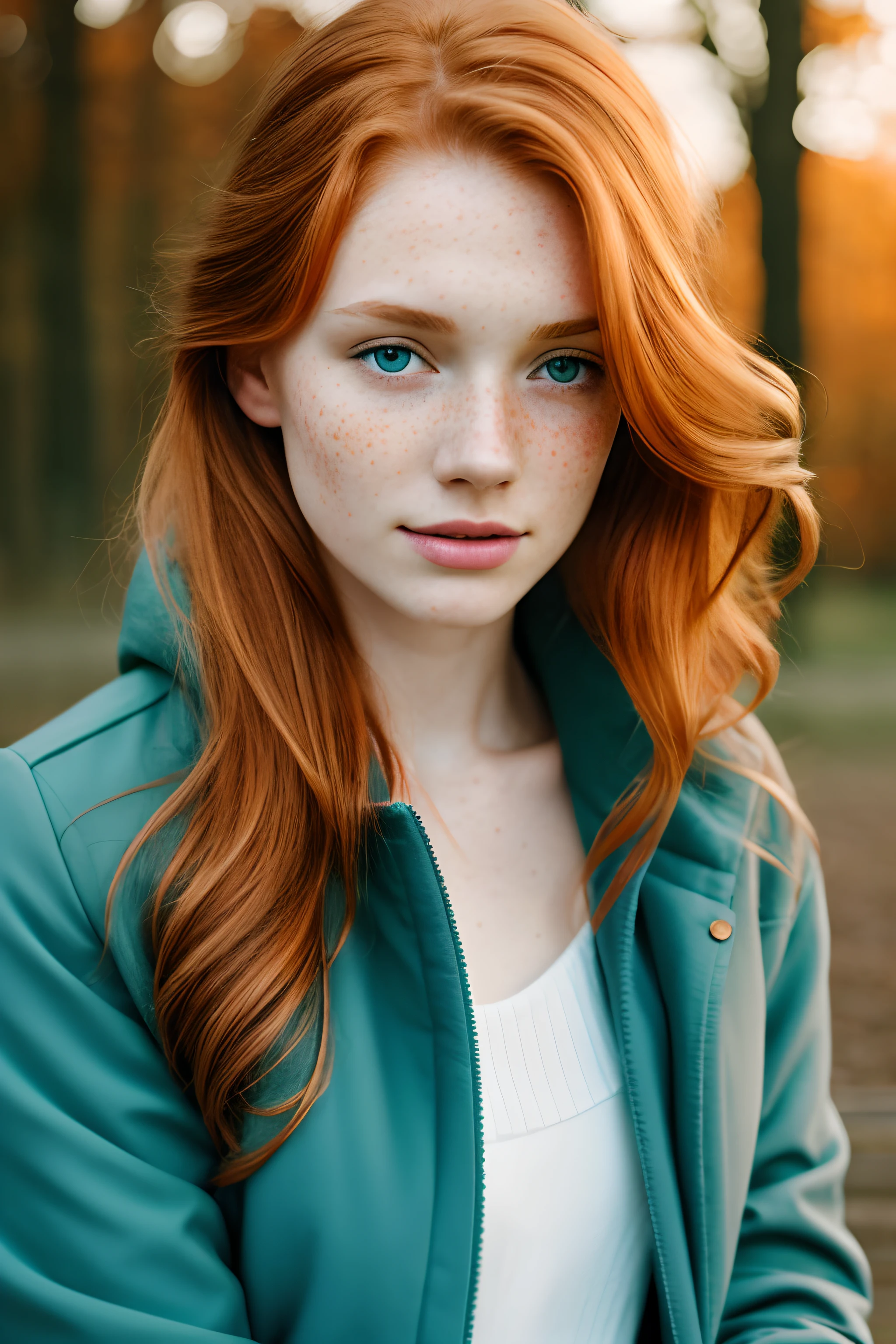 1 garota em, 19 anos, Sozinho, Aesthetic art, ruiva irlandesa, cabelo ruivo ondulado, cabelo ruivo na altura dos ombros, olhos cinzentos, olhos cinza claro, algumas pequenas sardas, pale skin, um copo, Seios pequenos, corpo de corredor, (Pele Texturizada, poros da pele:1.1), (toupeiras:0.8), pele imperfeita, arrepio, em um banco do parque sentado, relaxante, inocente, (papel de parede 8k extremamente detalhado), (soft lighting), alta qualidade, film grain, Sharp focus Fujifilm XT3, f5.6, 50mm, Alto detalhe, sharp focus, (luz exterior), (in a teal winter jacket: 1.8). A teal jacket, forro fofo, Detalhes malucos, detalhes complexos, hiperdetalhado