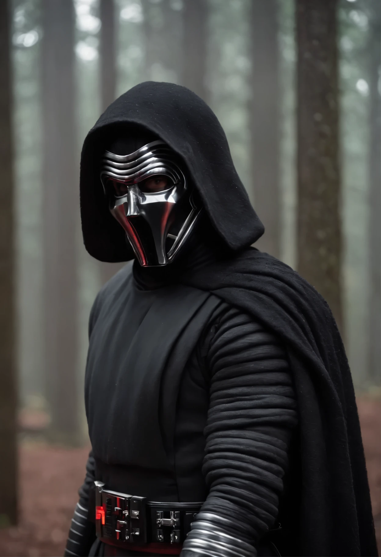 Movie still: Kylo Ren, broken helmet, At the waterfall. Shallow depth of field, Vignette, Very detailed, A high-budget Hollywood film by Terrence Malick, Bokeh, CinemaScope, Sulky, amazing, nice, Film Grain, granular