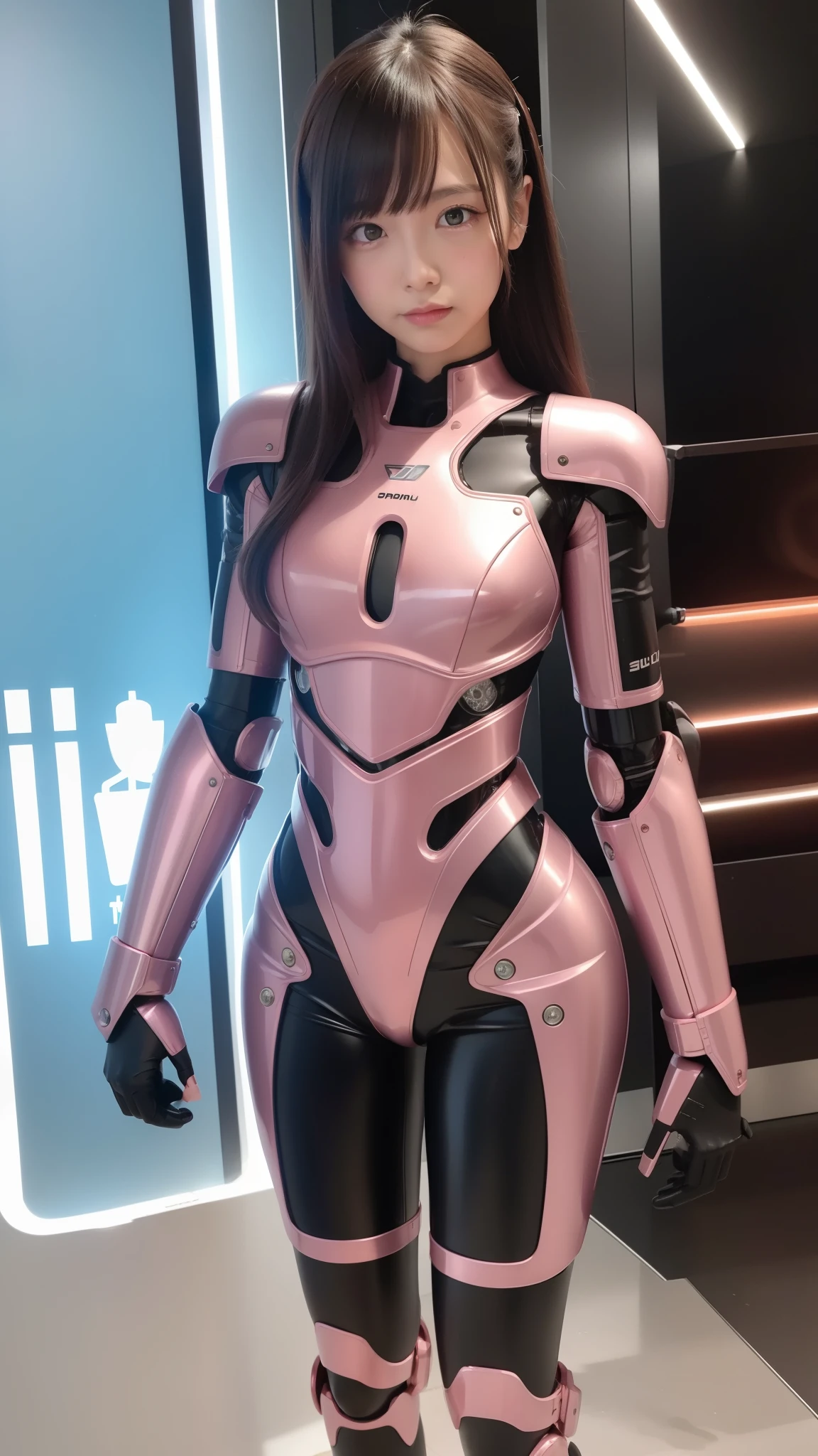 Robot Girl, pink there, Silver, Metallic body, Robot Parts, Metal Parts, Super Detailed Face, Super well-formed face, of the highest quality, a small face, a small head, Brown hair, Slender body, Camera gaze, Internal Mechanical Exposure, Idol, front facing, Well-proportioned body, sale, Exhibited, Event Hall, Moe Pose, pink metallic Lolita dress machine armor, Standing with legs open, Model body type, sad, Embarrassing,(Perfect Robot Girl),(Perfect machine body)