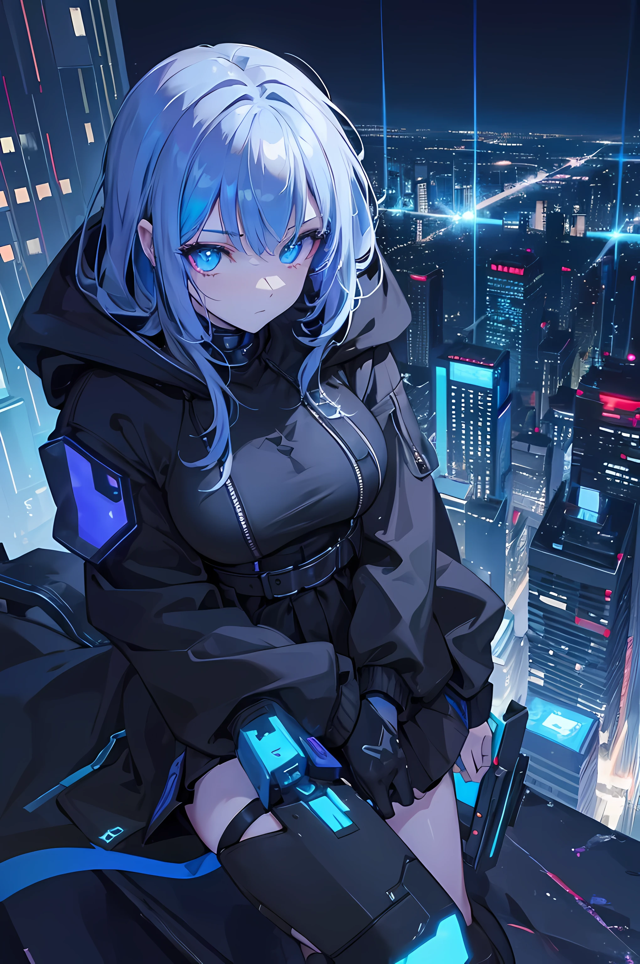 Beautiful girl, At the top of the building, standing, wear a black sweatshirt, Wear a black skirt, Detailed glowing blue eyes, Beautiful face, night, Cyberpunk city, top view of the character and the city, High-end 4K quality, very realistic, Cyberfunk type girl