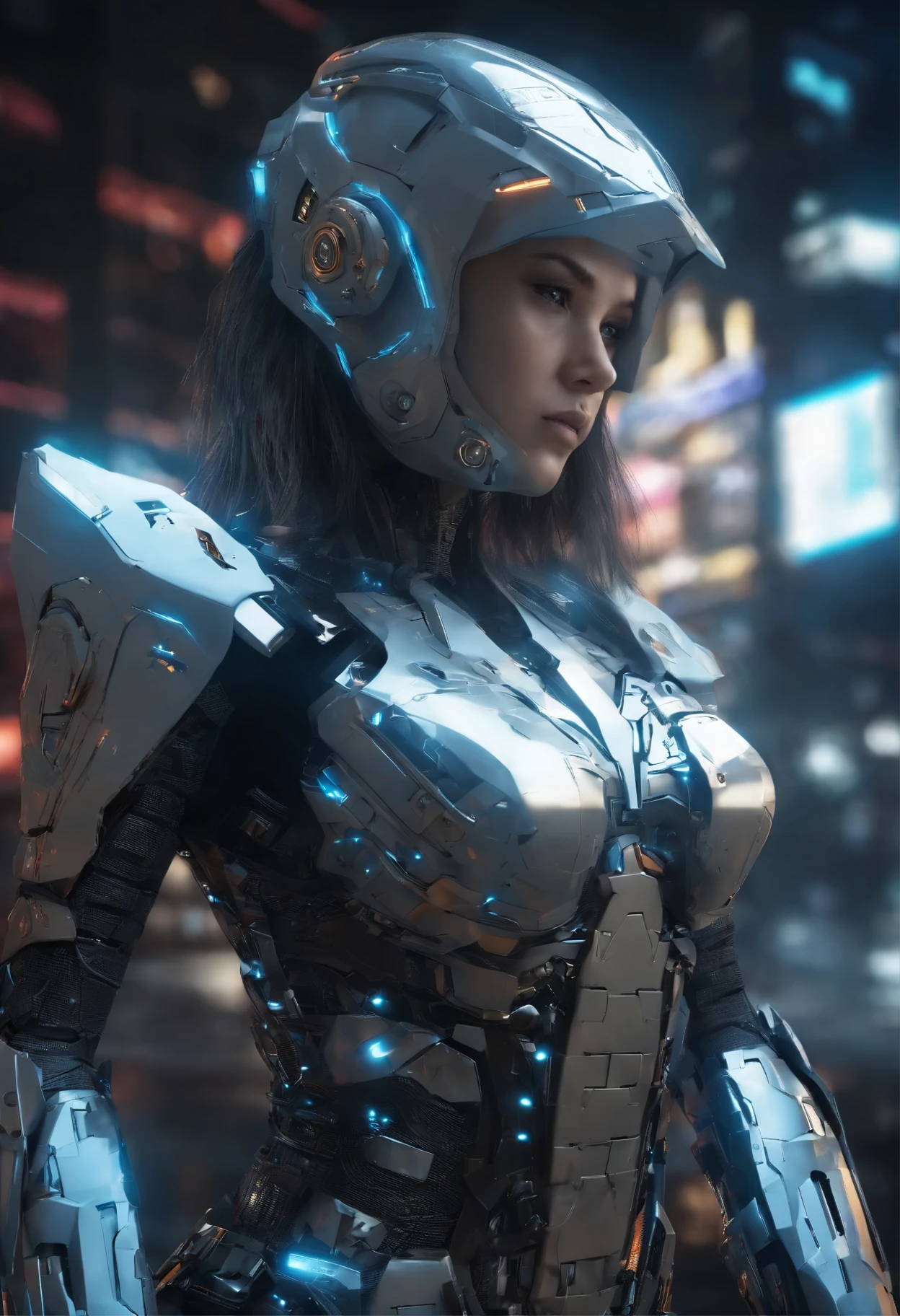 A photorealistic full side waist-up photo of a pretty girl wearing high tech full armour with blue florescent light, long ash grey hair, top ponytail with bangs, covering her mouth with half mask, standing on top of a building, damaged city, full body potrayal, hyper realistic, high texture and clarity,  shapening image, soft lighting, golden angle