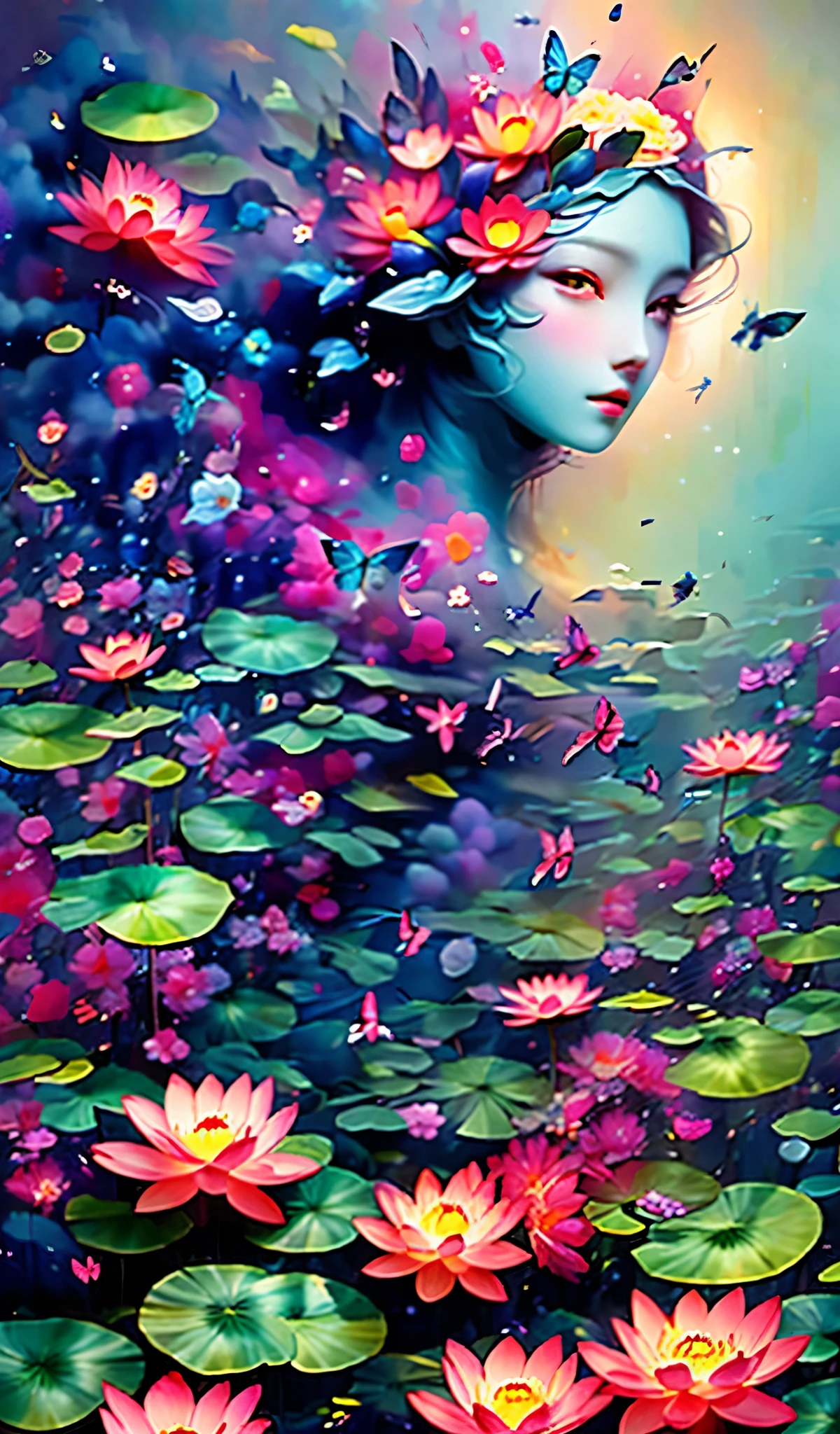 wearing a skirt,Eager woman wearing a big flower on her head, Standing gracefully on the lotus, inspired by Gao Qipei, inspired by Yanjun Cheng, Elegant digital art, author:Russell Dongjun Lu, inspired by gao cen, inspired by Gao Xiang, Inspired by Fei Danxu, author:Yu Zheding, flowing robe